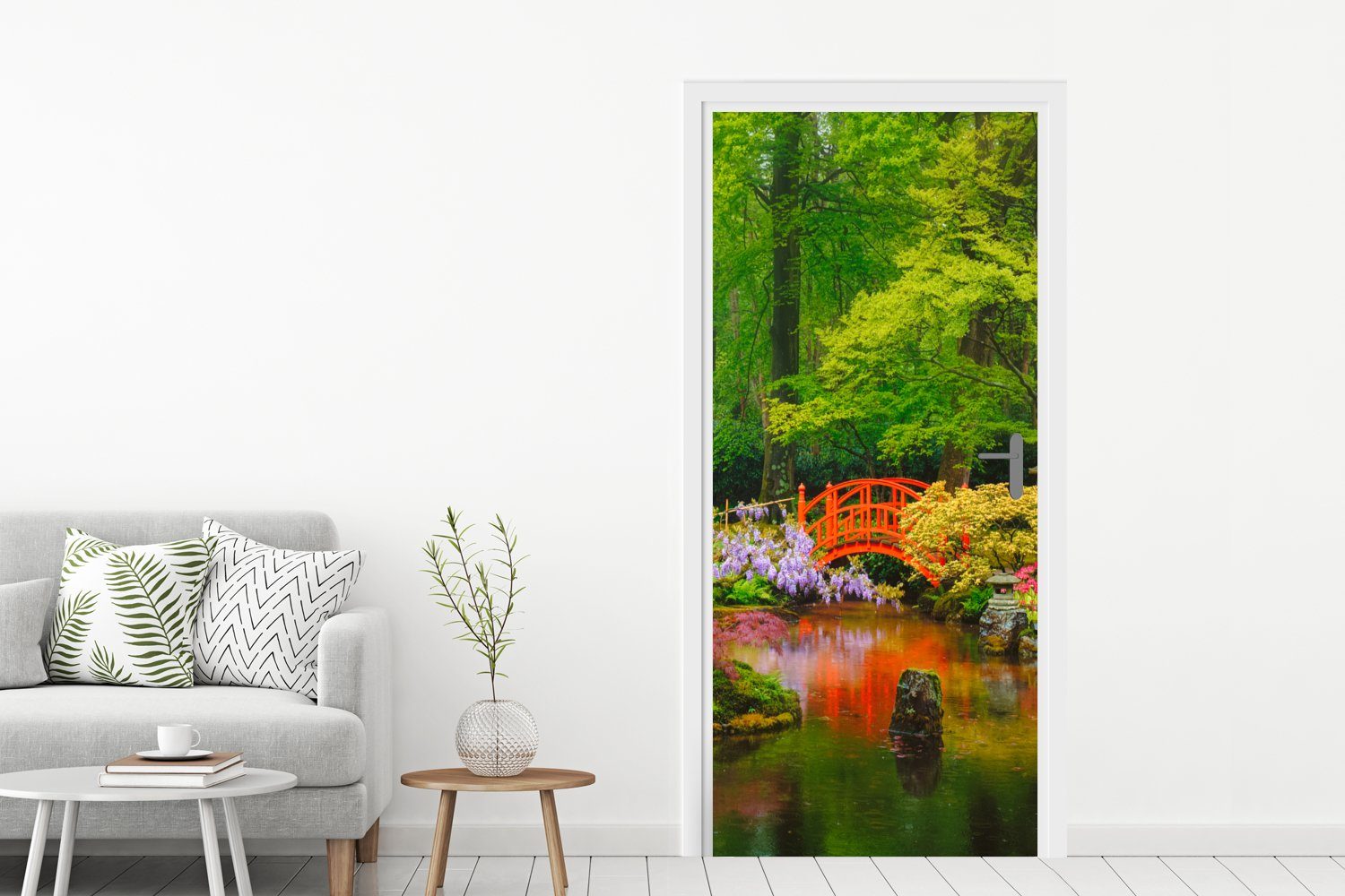 cm Tür, bedruckt, 75x205 St), Blumen, Botanisch Türtapete - - - Japanisch MuchoWow Brücke Bäume Matt, Türaufkleber, - für (1 Fototapete