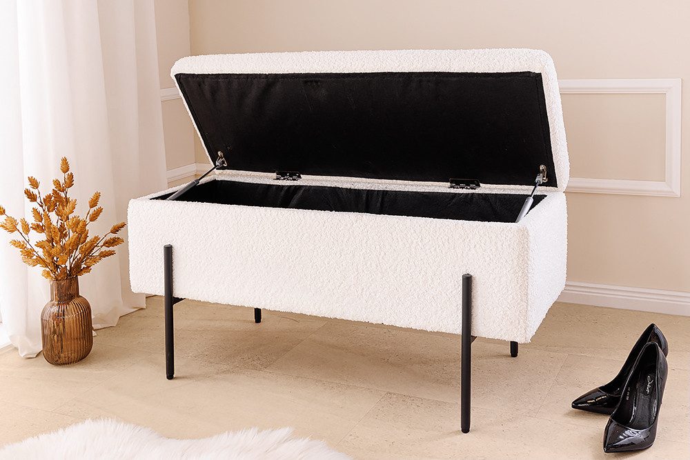 riess-ambiente Truhenbank LOFT 100cm weiß/schwarz - Bouclé-Bezug, Metallgestell, mit Stauraum (Einzelartikel, 1-St), mit Teddystoff & Polsterung – ideal für Flur, Ankleide & Schlafzimmer