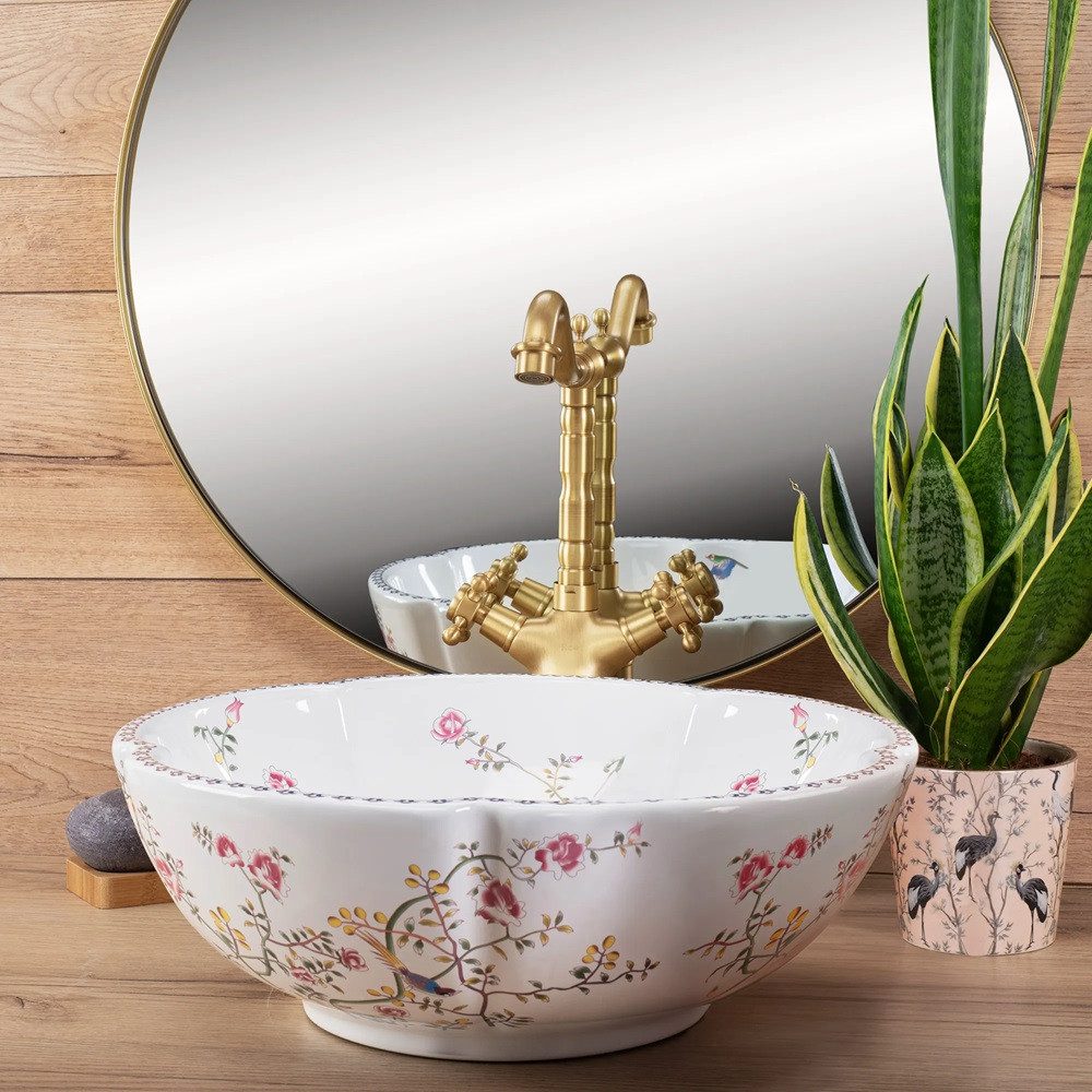 wohnwerk.idee Aufsatzwaschbecken Florales Aufsatzwaschbecken, Vintage Design, Weiß mit Blumenmotiv