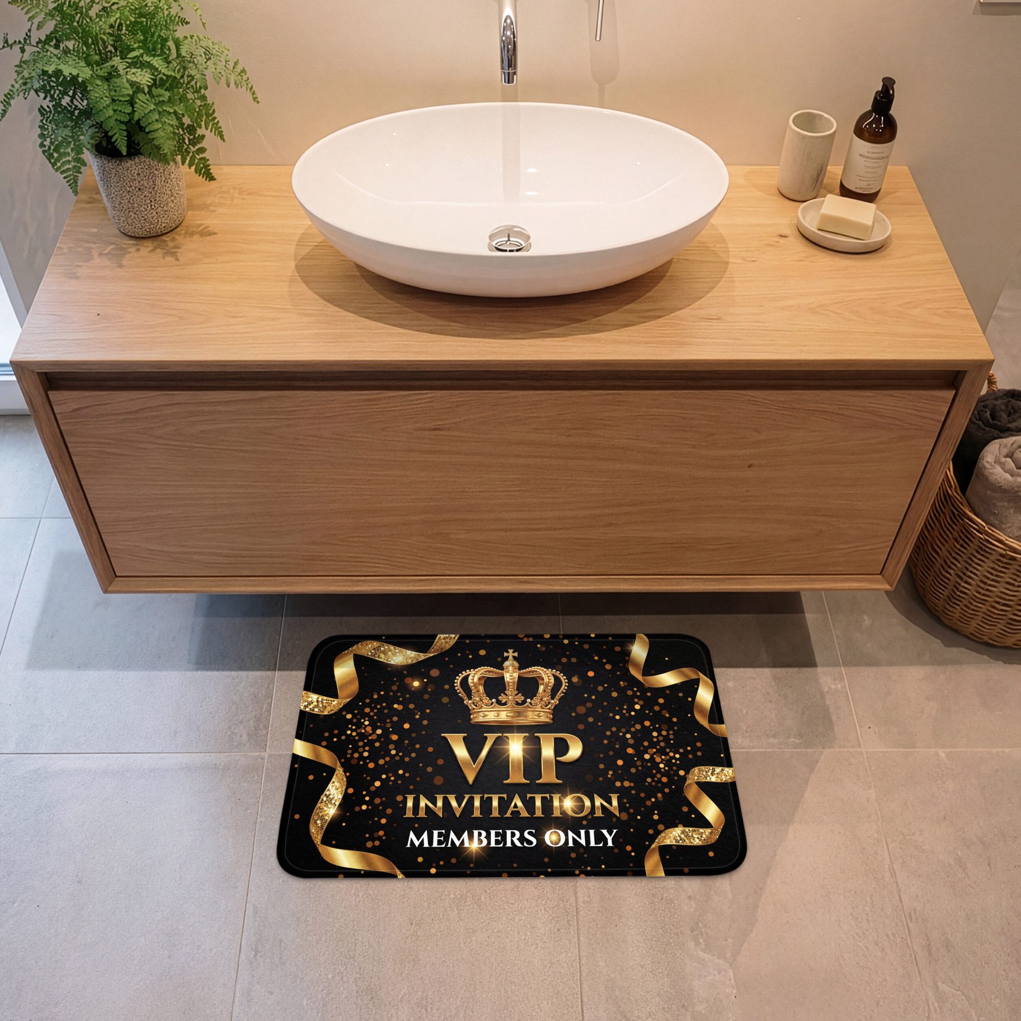 OnlyWow Badematte Einladung - VIP - Krone - Gold, Höhe 10 mm, Polyester, Rechteckig, Badezimmerteppich, Badteppich, Rutschfest, Badvorleger, Waschbar