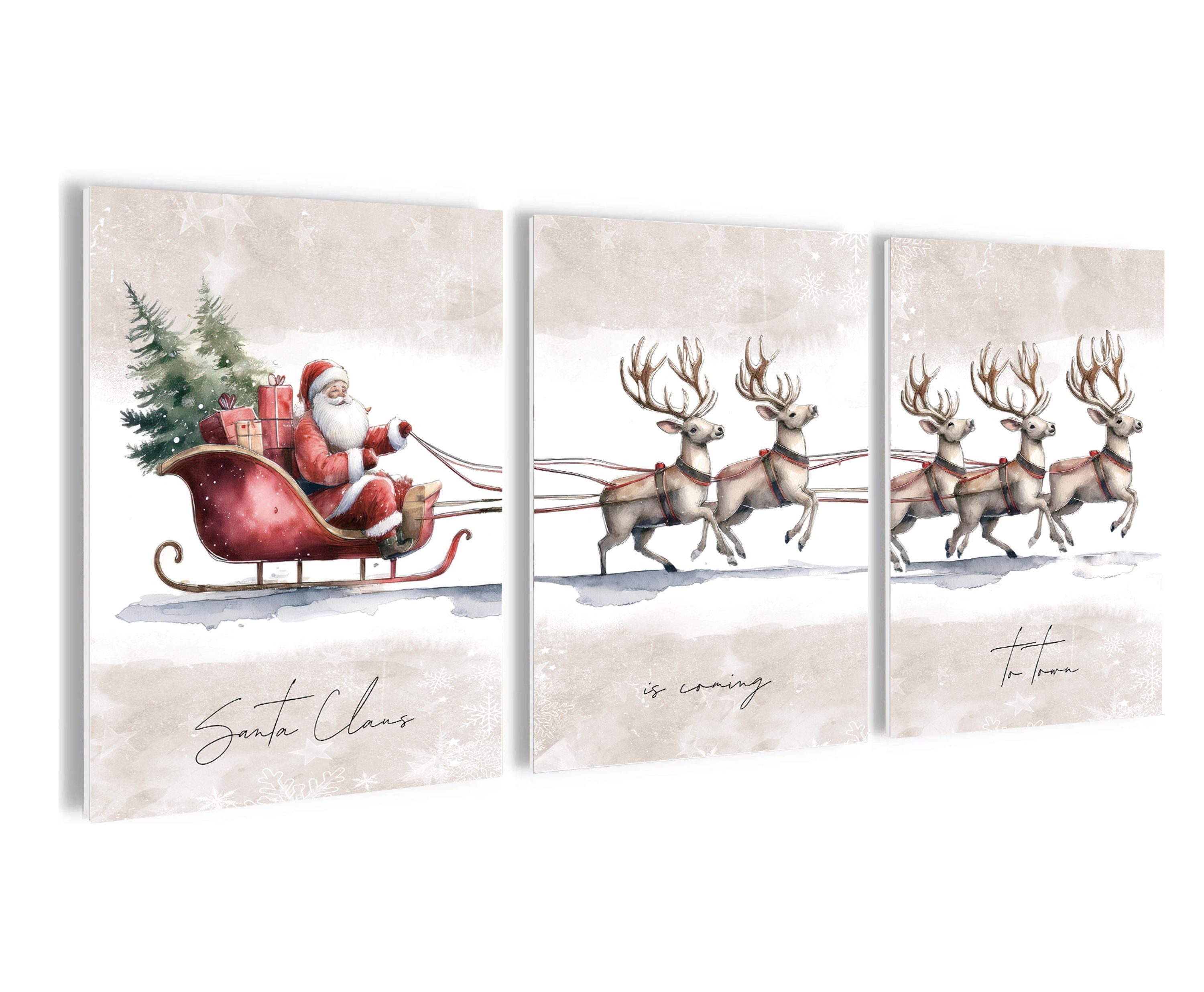 artissimo Mehrteilige Bilder Bilderset, Wandbilder-Set, Poster Weihnachten, Weihnachtsdekoration, moderen Weihnachtsdeko: Weihnachtsmann mit Schlitten