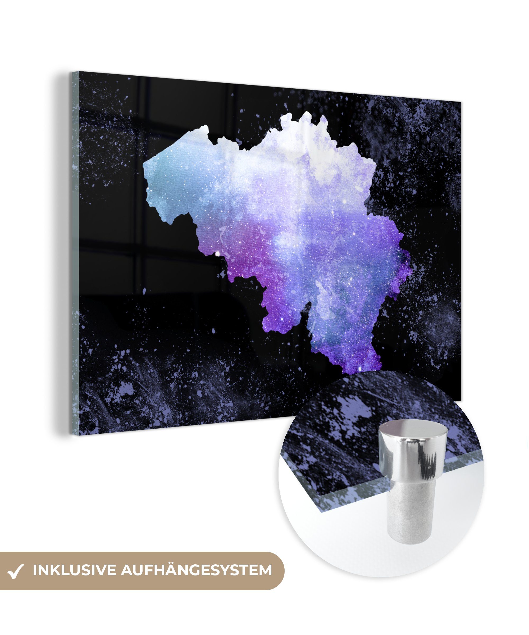 MuchoWow Acrylglasbild Karte - Belgien - Blau, (1 St), Acrylglasbilder Wohnzimmer & Schlafzimmer