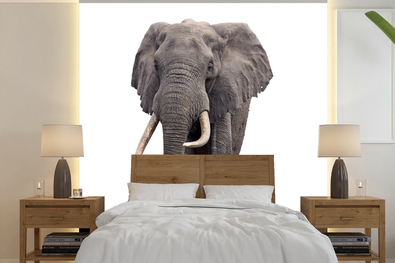 MuchoWow Fototapete Elefant - Afrika - Weiß, Matt, bedruckt, (5 St), Vinyl Tapete für Wohnzimmer oder Schlafzimmer, Wandtapete