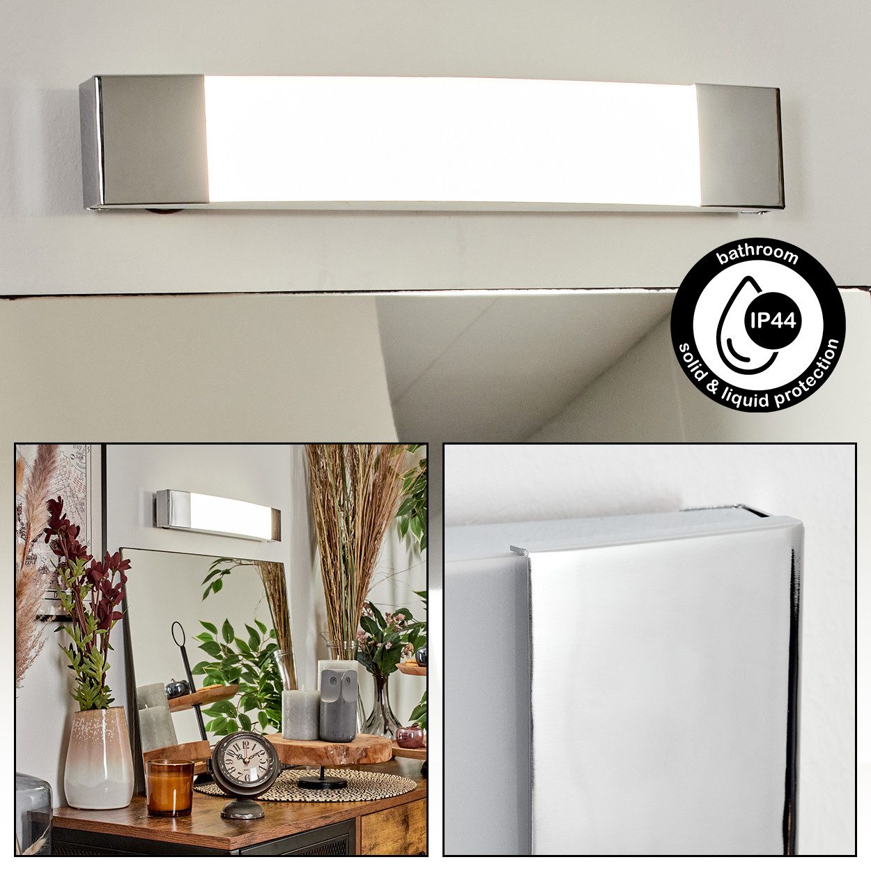 hofstein Spiegelleuchte Wandlampe aus Metall/Kunststoff in Chrom/Weiß, Badezimmer geeignet, LED wechselbar, Spiegellampe im modernen Design, LED 8,3 Watt, 900 Lumen, 4000 K, IP44