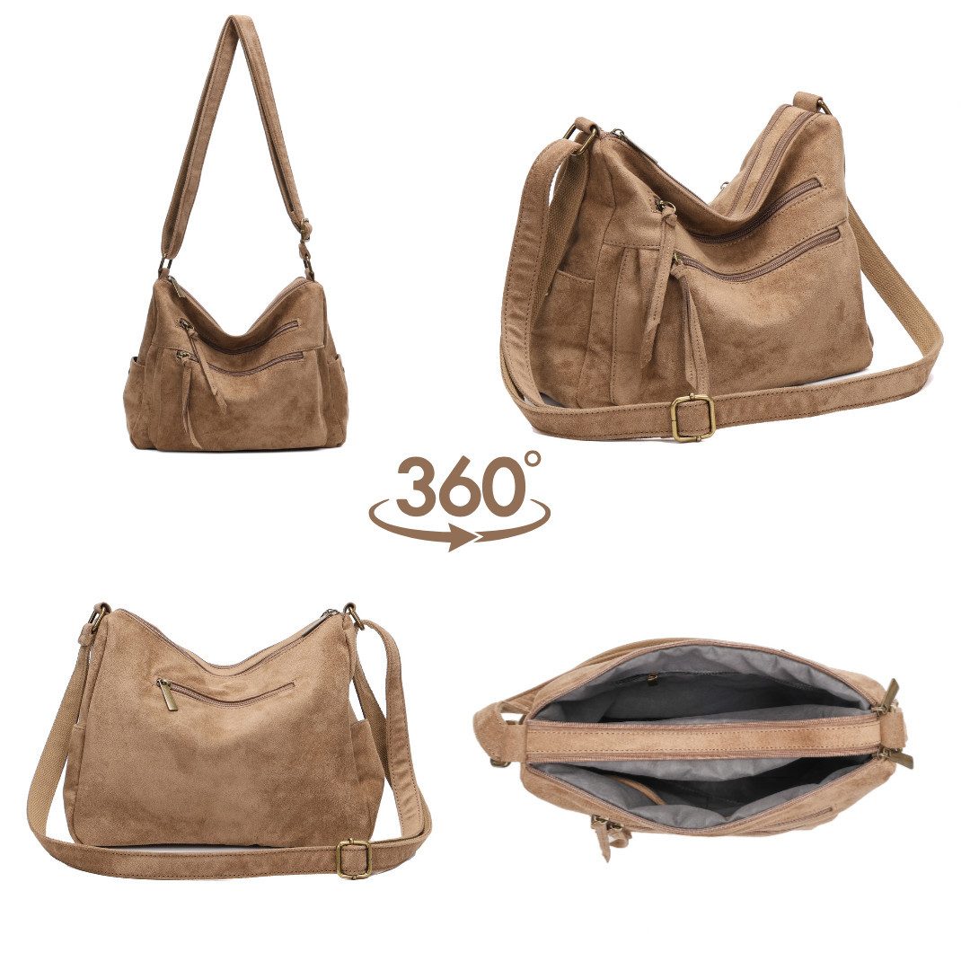 MIRROSI Umhängetasche Damen Schultertasche in Wildleder-Optik aus Stoff Crossbody Bag (mit Reißverschlussfächern, verstellbarem Gurt, ca.31x10x26 cm), Neue Koll – Bild 3 von 3