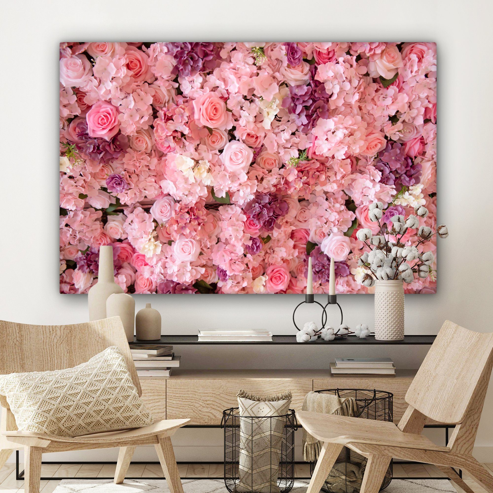 OneMillionCanvasses® Leinwandbild Blumen - cm St), (1 XXL, für alle Wohnbereiche, - Gemälde, 120x80 großes, Rosa Wandbild Rosen