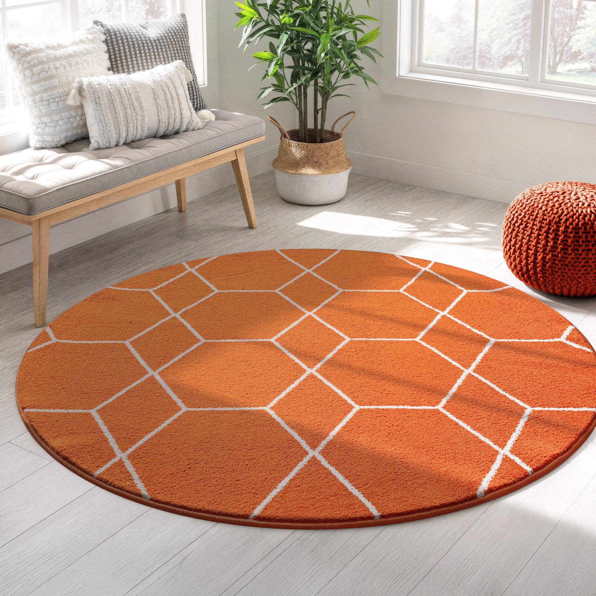 Sanat Teppich Trellis, auch als Läufer und Rund, rund, Höhe: 10 mm, Kurzflor, skandi, boho, große Farbauswahl, alle Räume