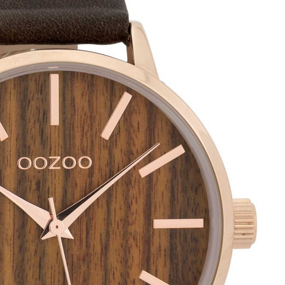 OOZOO Quarzuhr Damenuhr C9253 Holz-Zifferblatt Lederband Braun 42 mm