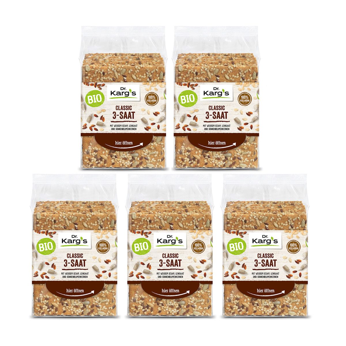 Dr. Kargs Brot, Dr. Kargs Bio Classic 3 Saat Knäckebrot aus vollem Korn 200g 5er Pack