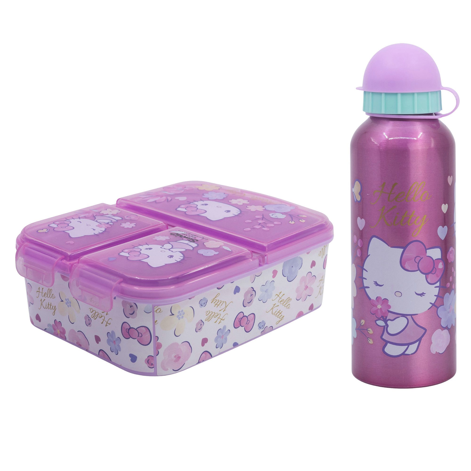 Hello Kitty Lunchbox Hello Kitty 2 tlg. Lunch Set 3 Kammer Brotdose Alu Trinkflasche 530 ml, (2-tlg., Spar-Set)