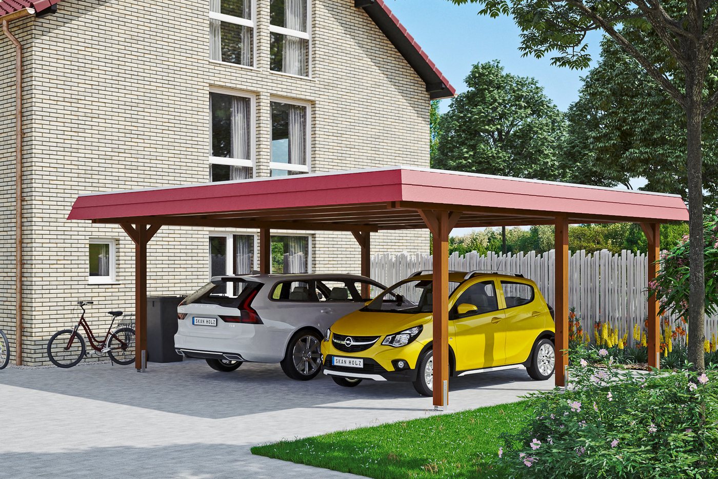 Thumbnail - Skanholz Doppelcarport Wendland, BxT: 630x637 cm, 216 cm Einfahrtshöhe, mit EPDM-Dach, rote Blende