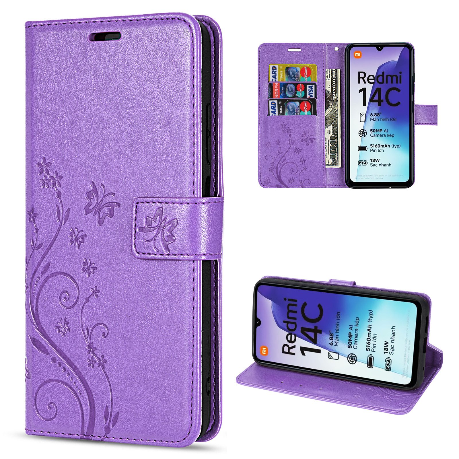 betterfon Handyhülle Handytasche für Xiaomi Redmi 14C Schutzhülle Klapphülle, Bookstyle-Hülle: Magnetverschluss 3 Kartenfächer & Standfunktion
