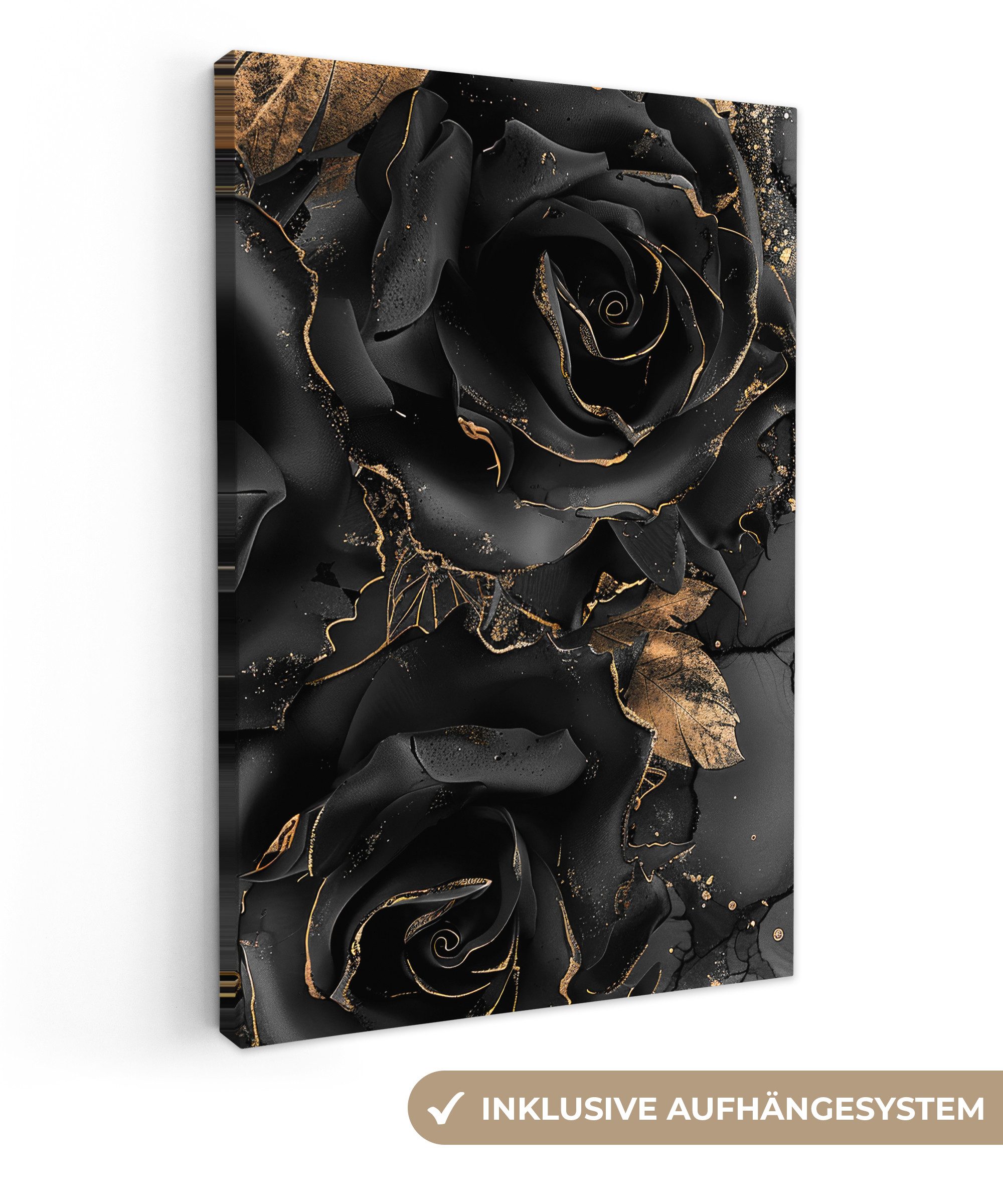 OneMillionCanvasses® Leinwandbild Rosen - Schwarz - Blumen - Gold, (1 St), Bilder groß Wohnzimmer Schlafzimmer 80x120 cm