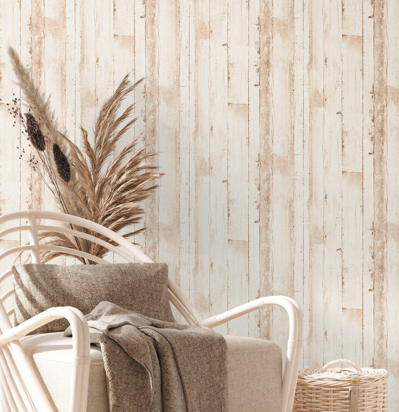 Création Holztapete, skandinavisch strukturiert, Natural Vliestapete St), (1 matt, leicht umweltfreundlich PVC-Frei Living nachhaltig Beige,Weiß A.S.