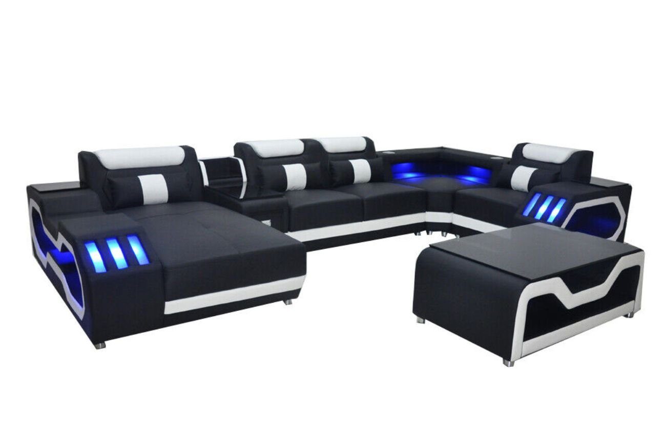 JVmoebel Ecksofa Leder Tisch+USB+LED, Garnitur Moderne Eck Sofa Couch Wohnlandschaft Schwarz Teile 2