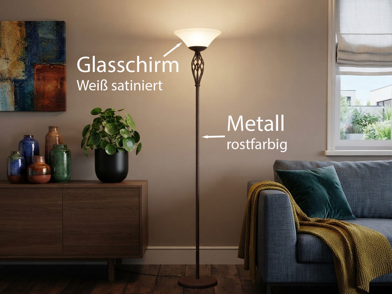 TRIO Leuchten LED Deckenfluter Rostoptik mit Glasschirm, Höhe 180cm, dimmbar, LED wechselbar, Warmweiß, große Stehlampe Landhausstil, Wohnzimmer Lampe stehend i – Bild 5 von 5