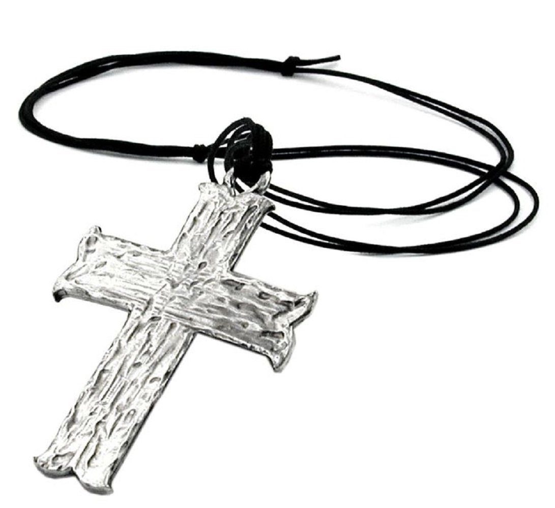 Collier Kette mit Zinn-Anhänger Großes Kreuz 110 cm