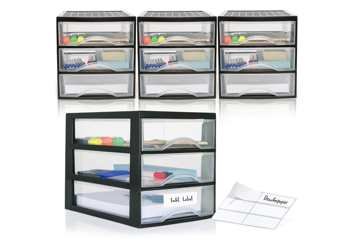 Hausfelder Schubladenbox Schubladenschrank A4 mit 3 Schubladen, 4 Stück inkl. Aufkleber, (4-St., A4 mit 3 Schubladen + Aufkleber), klare Sicht, einfache Organisation, bequemes Öffnen und Schließen