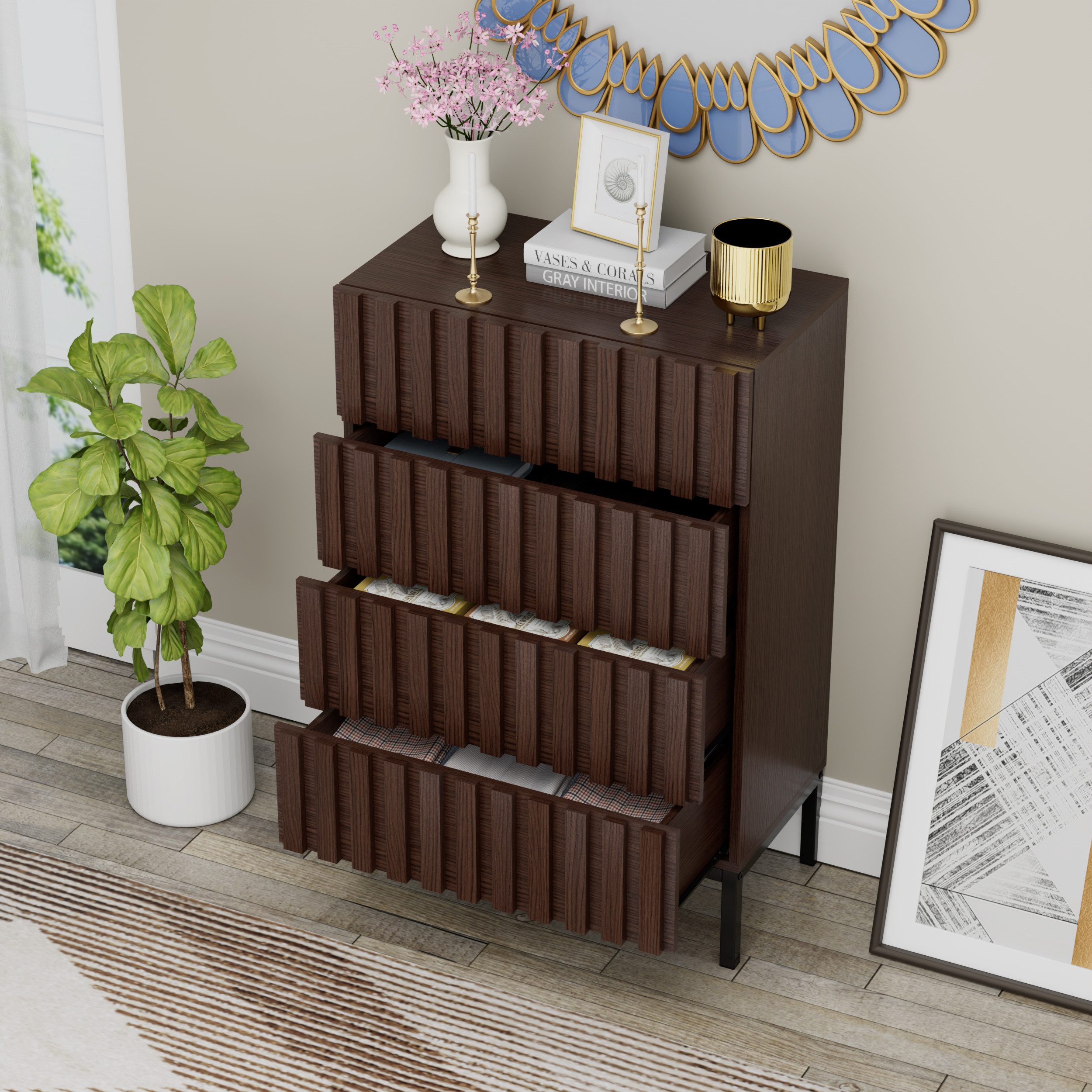 UEV Kommode schmal mit 4/5 Schublanden Sideboard Beistellschrank Buffet (Aufbewahrungskommode, Mehrzweckschrank aus Holz(Natur/Schwarz/Dunkelbraun), Schrank für Wohnzimmer,Schlafzimmer,Flur