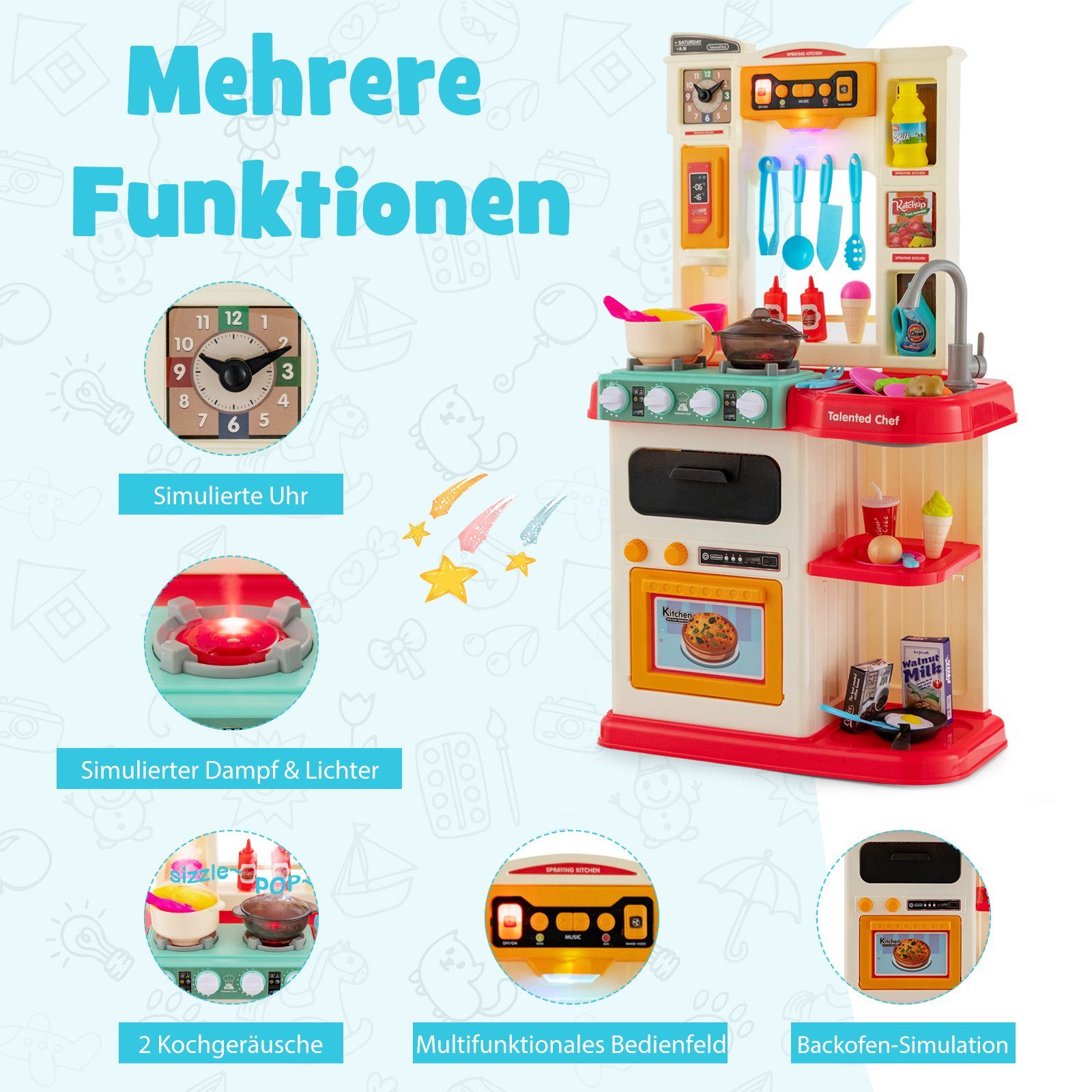 COSTWAY Spielküche Kinderküche Kunststoff, mit Lichter, Musik & Zubehör