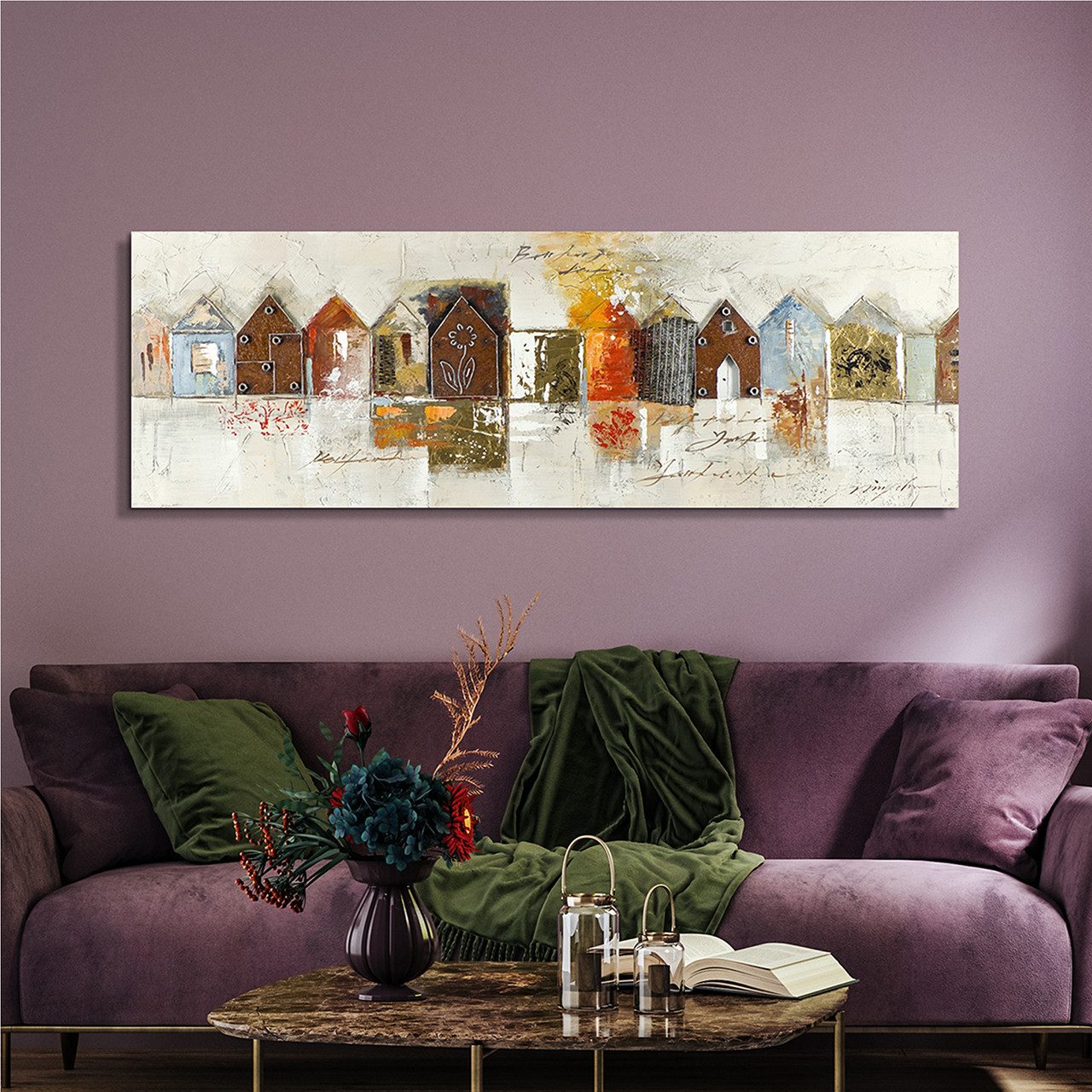 ArtUniverse Gemälde Häuschen aus Metall 50 x 150 cm, Städtemotiv