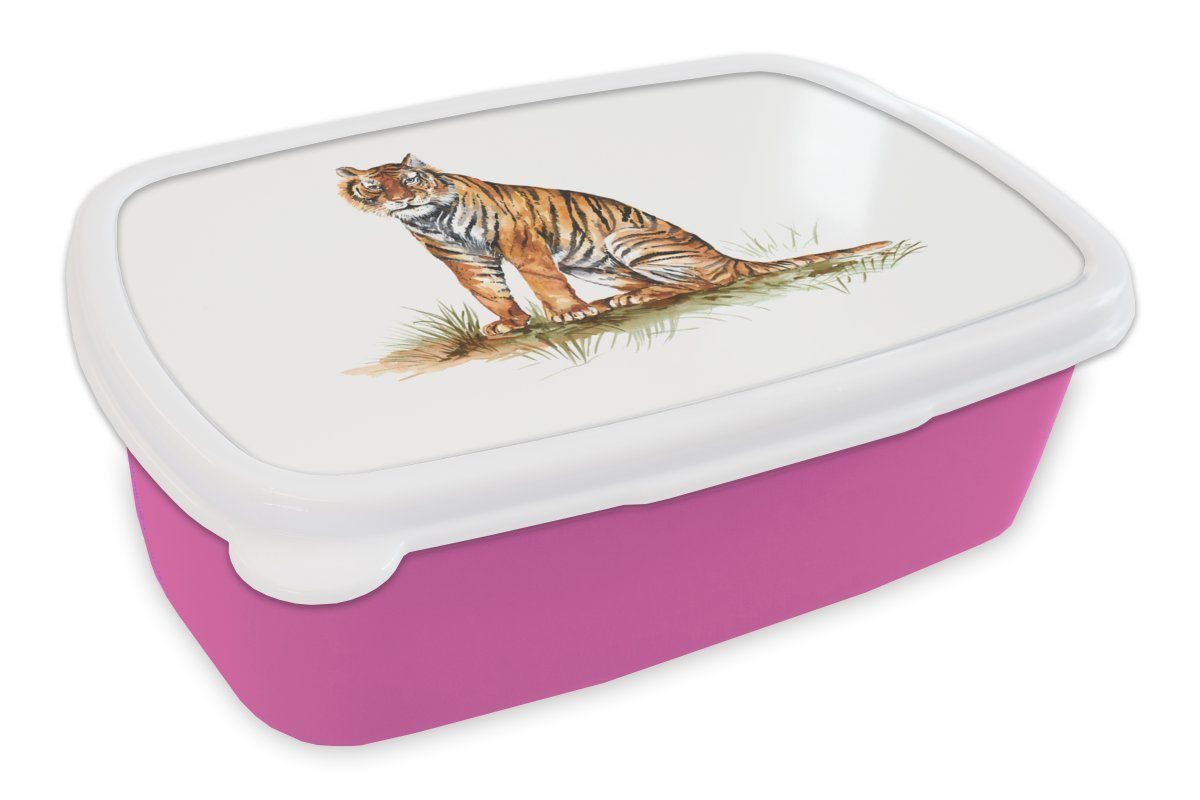 MuchoWow Lunchbox Tiger - Gras - Orange, Kunststoff, (2-tlg), Brotbox für Erwachsene, Brotdose Kinder, Snackbox, Mädchen, Kunststoff rosa
