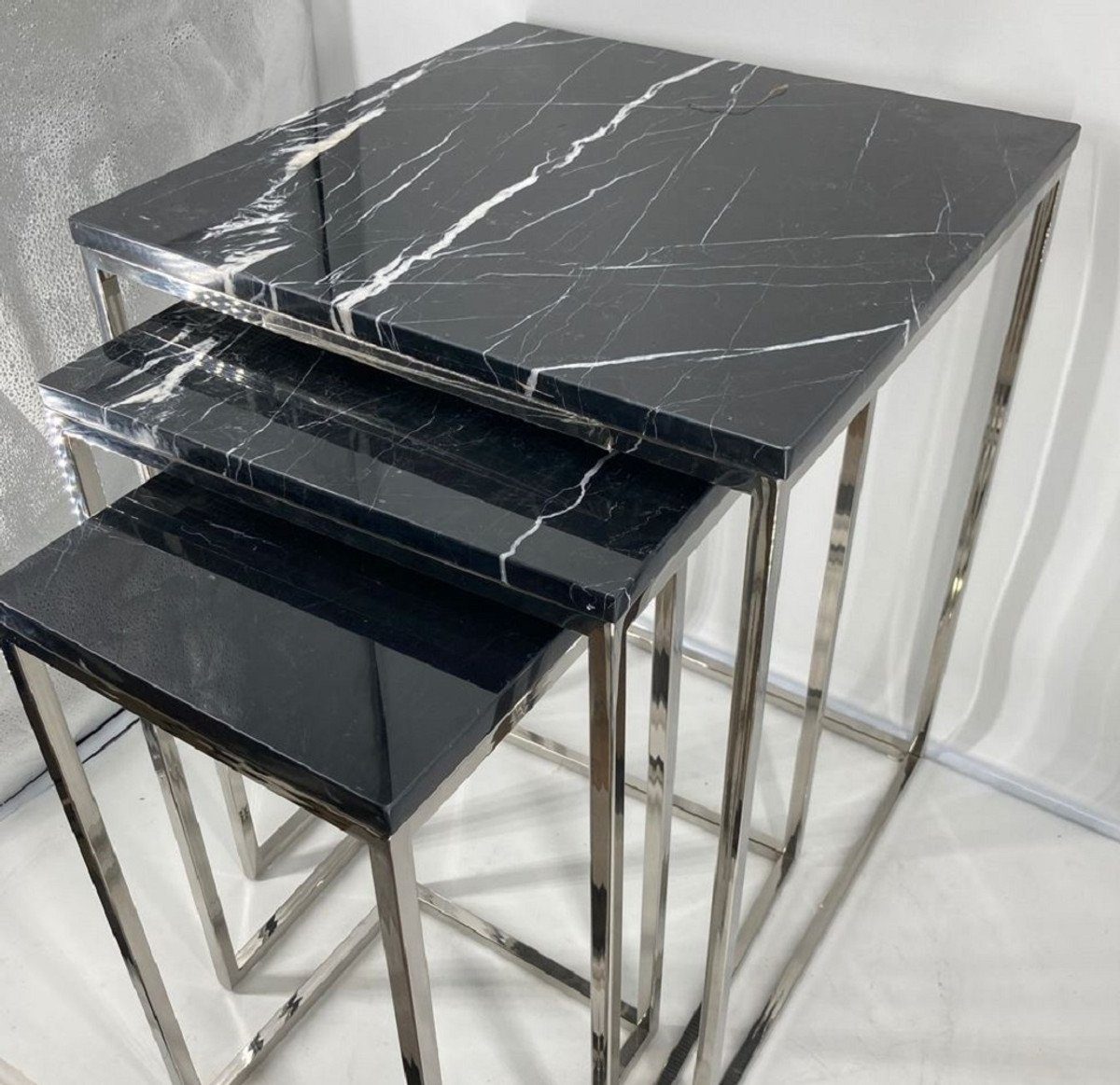 Casa Luxus - Beistelltisch Padrino Edelstahl 3er Möbel Kollektion - Tische - Silber Schwarz mit / Set Beistelltisch Luxus Marmorplatte