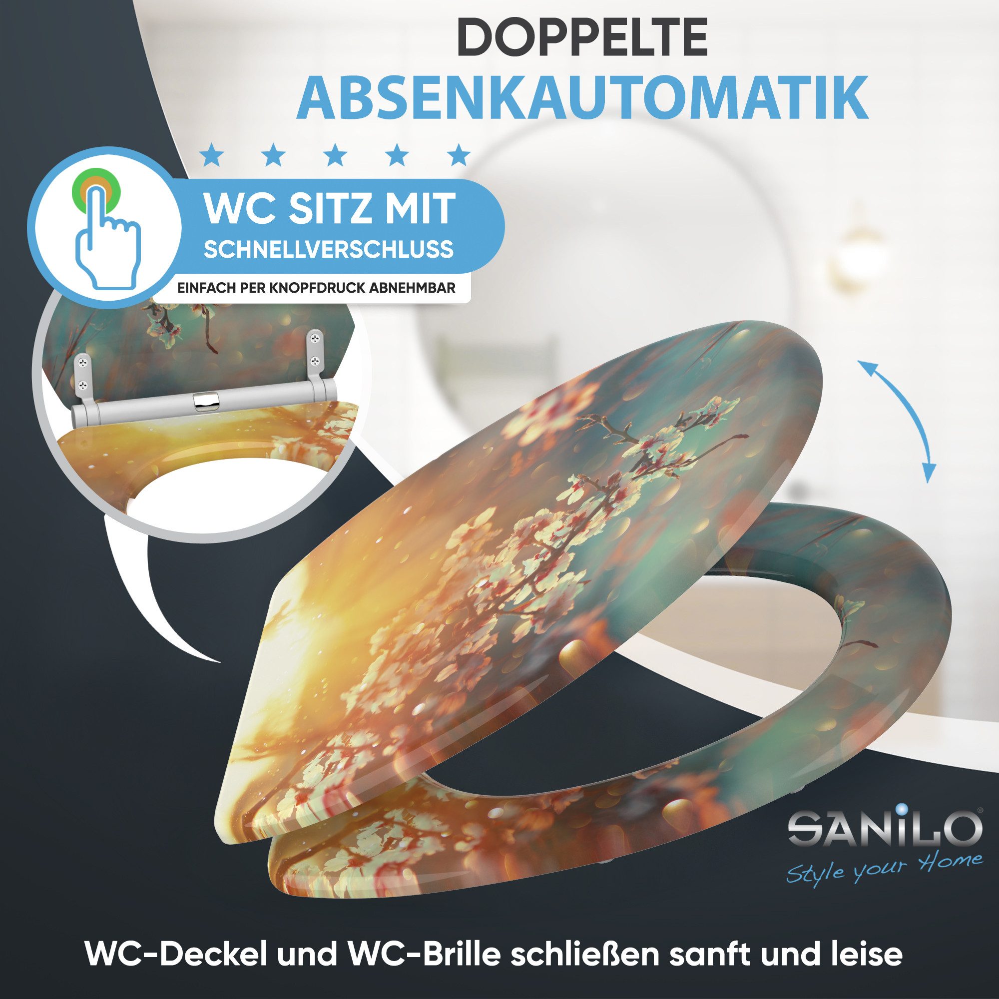Sanilo WC-Sitz Kirschblüte mit Absenkautomatik & Quick Release, Premium Toilettendeckel, abnehmbar, leichte Montage von oben