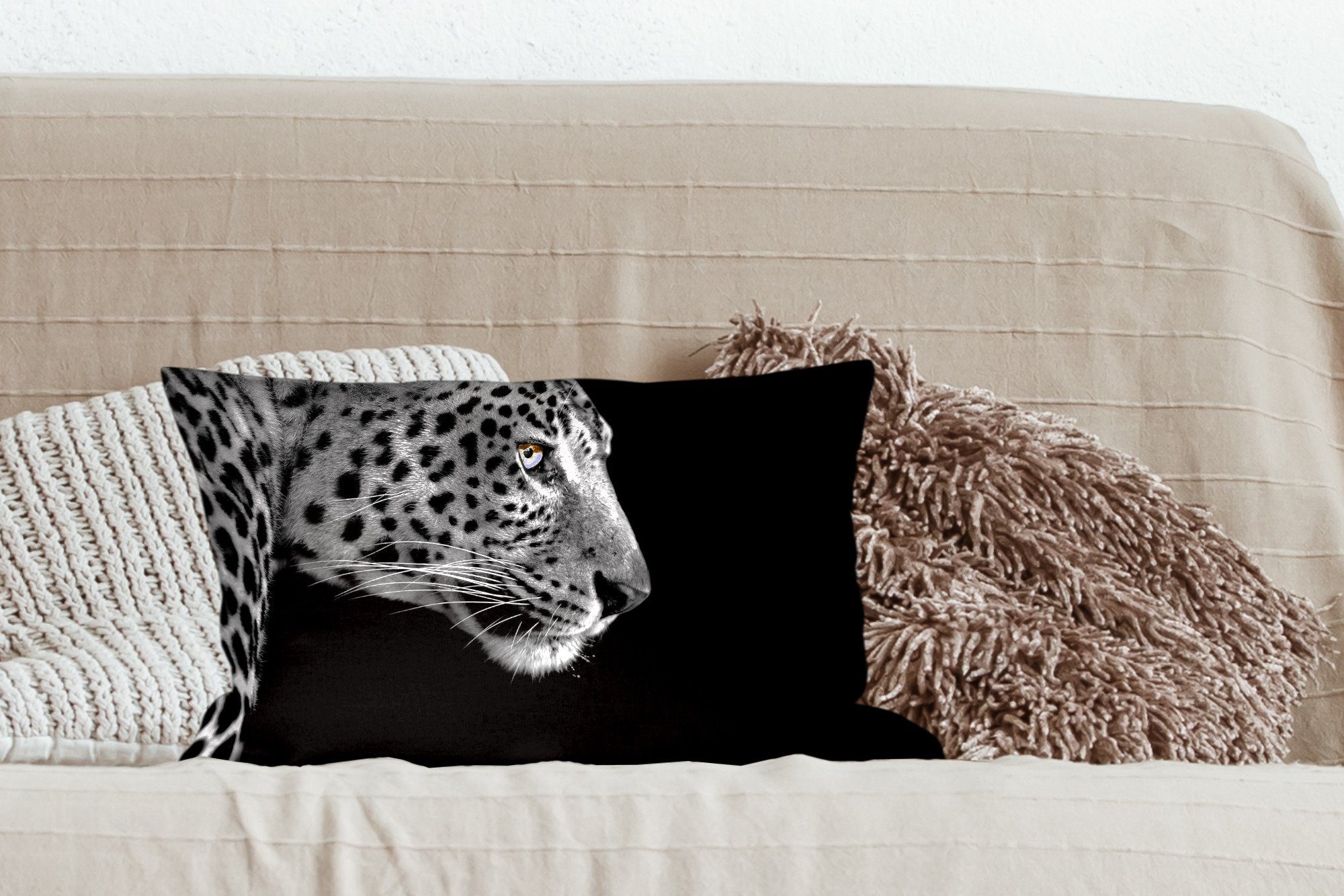 Dekokissen Wohzimmer - - Schlafzimmer mit - Dekoration, MuchoWow Schwarz Leopard Füllung, Dekokissen Weiß Pelz, Zierkissen,