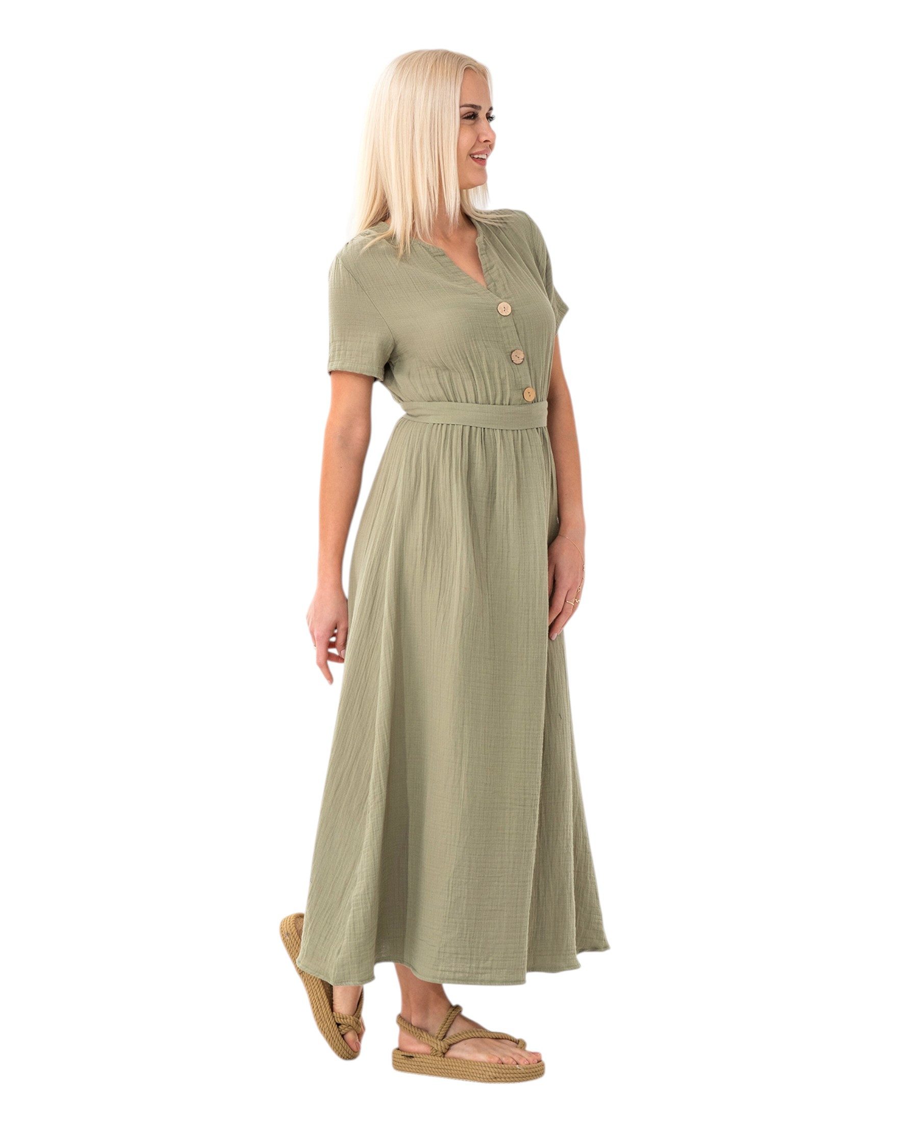WENOR Sommerkleid Musselin Boho Kleid mit Knopfleiste & Taillenband, Freizeitkleid (1-tlg) Vorn mit Holzknöpfen, Bindegürtel an der Taille – Bild 5 von 5