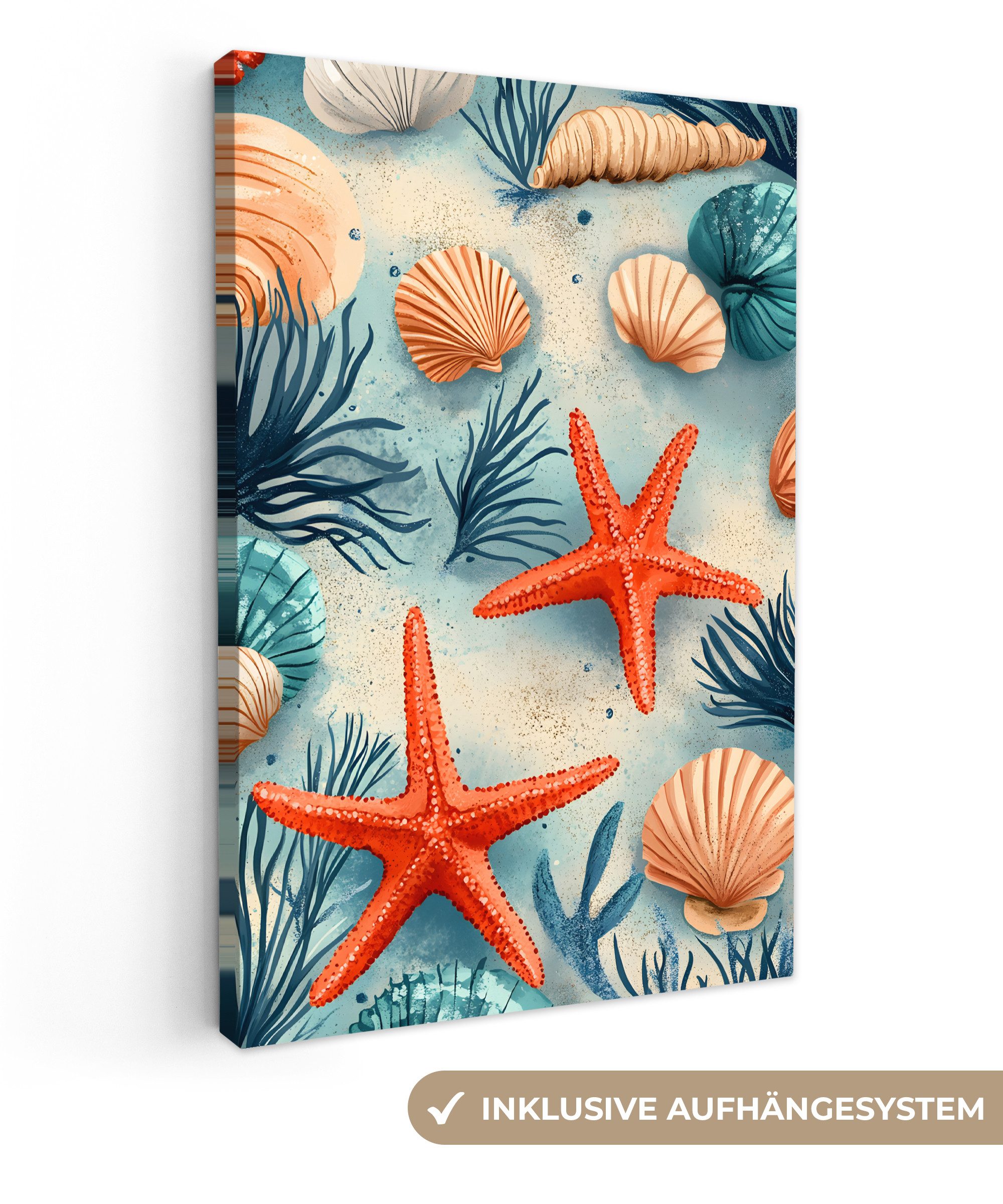 Leinwandbild Seesterne - Muscheln - Illustration - Sand
