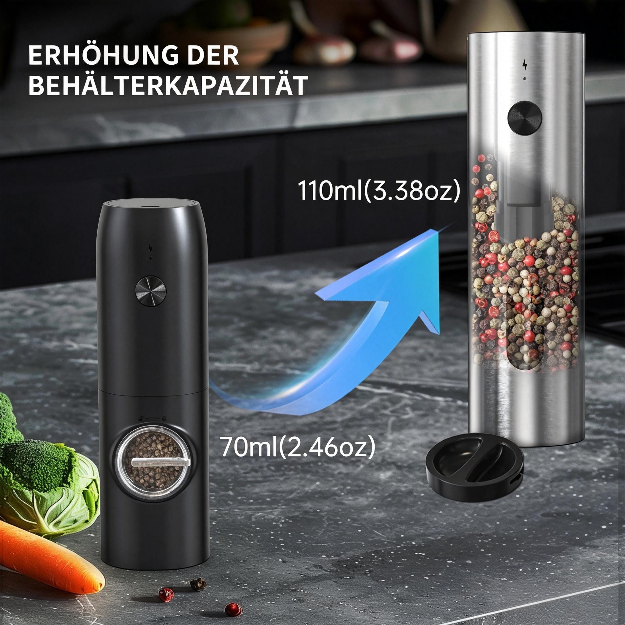 AIBISTAR Salz-/Pfeffermühle Elektrisch Pfeffermühle mit USB-C Ladestation,5 Stufen,220ml Elektrisch (wiederaufladbar über USB-C), Salzmühle 2er Set,110ml*2,LED-Beleuchtung