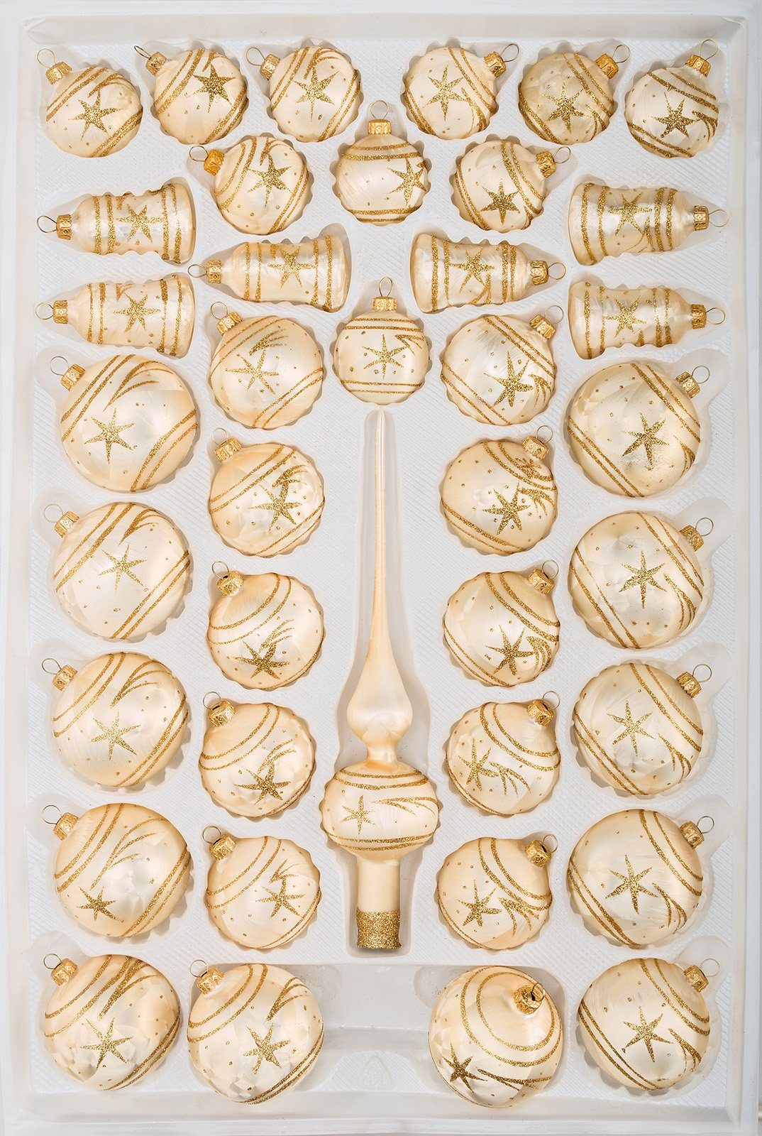 Navidacio Weihnachtsbaumkugel 39 tlg. Glas-Weihnachtskugeln Set in Ice Champagner Gold Komet