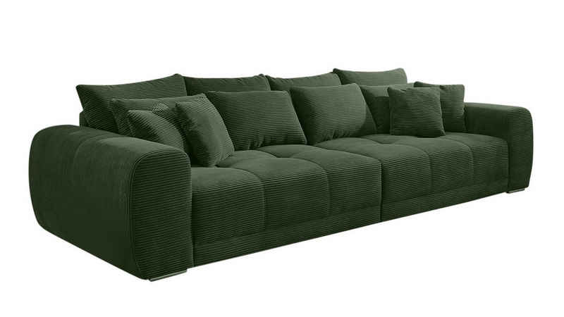 luma-home Big-Sofa 15172, XXL-Couch 306x134 cm mit Federkernpolsterung, viele Kissen, markante Steppungen, Cordstoff Grün