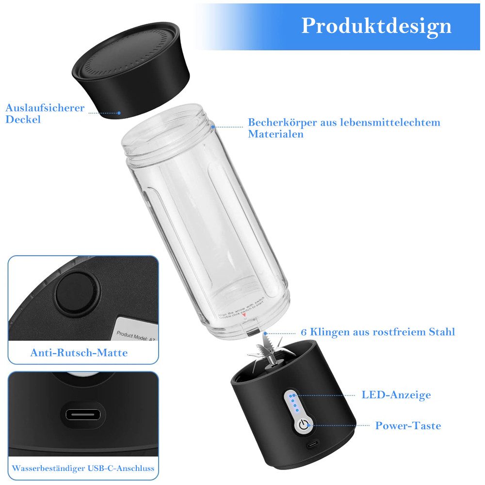 TUWENA Akku-Smoothie-Maker Tragbarer Mixer,500ml Smoothie Mixer Klein Mini Mixer Standmixer Klein, 6 Klingen, USB Aufladung Blender für Shake Milchshake Saft Babynahrung