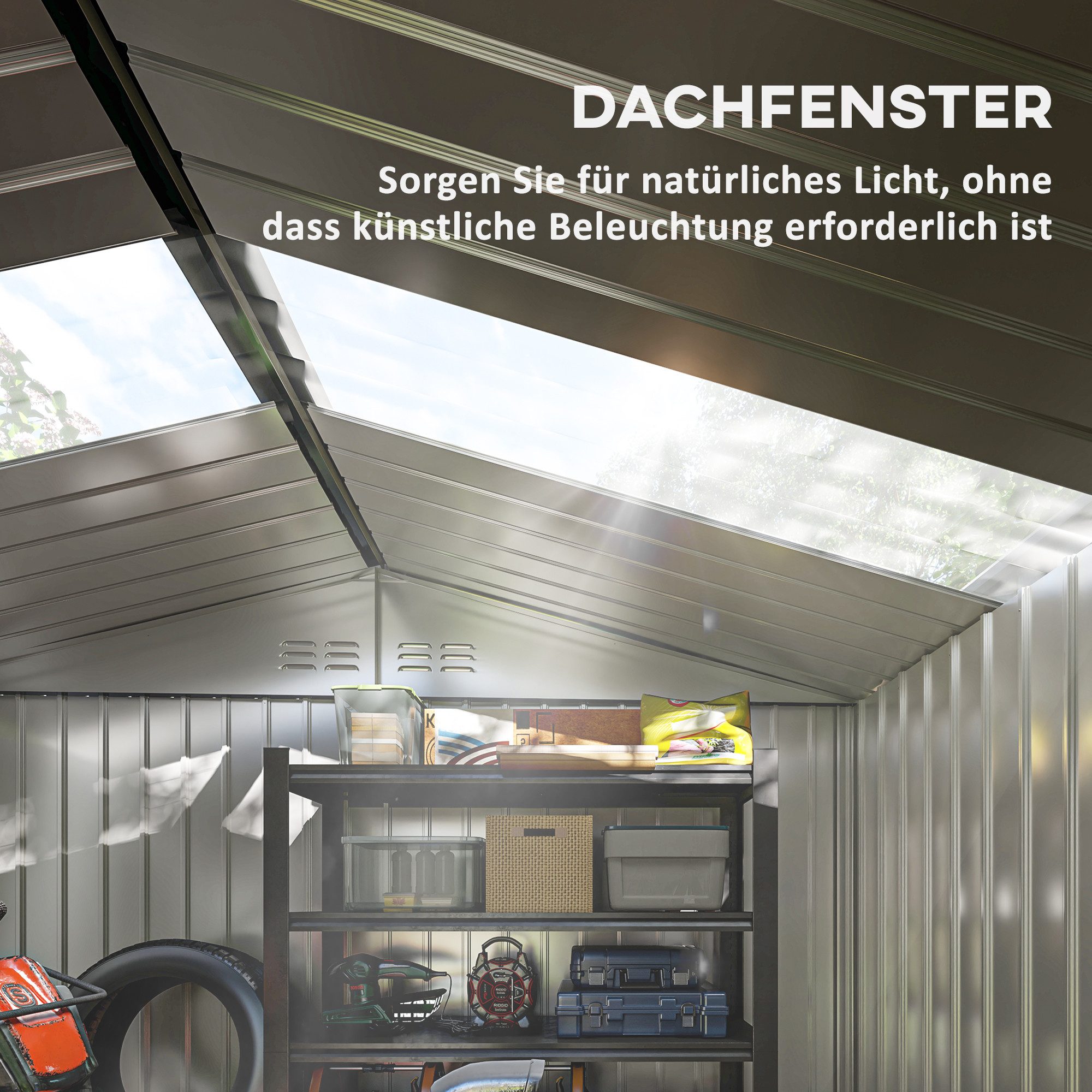 CHICFURN Gerätehaus Verzinkter Stahl-Gartenschuppen mit Satteldach und Fundament, BxT: 277,00x195,00 cm, (Packung, 1 St), Abschließbare Schiebetür, Gartenhaus, Hellgrau, 277 x 195 x 192 cm