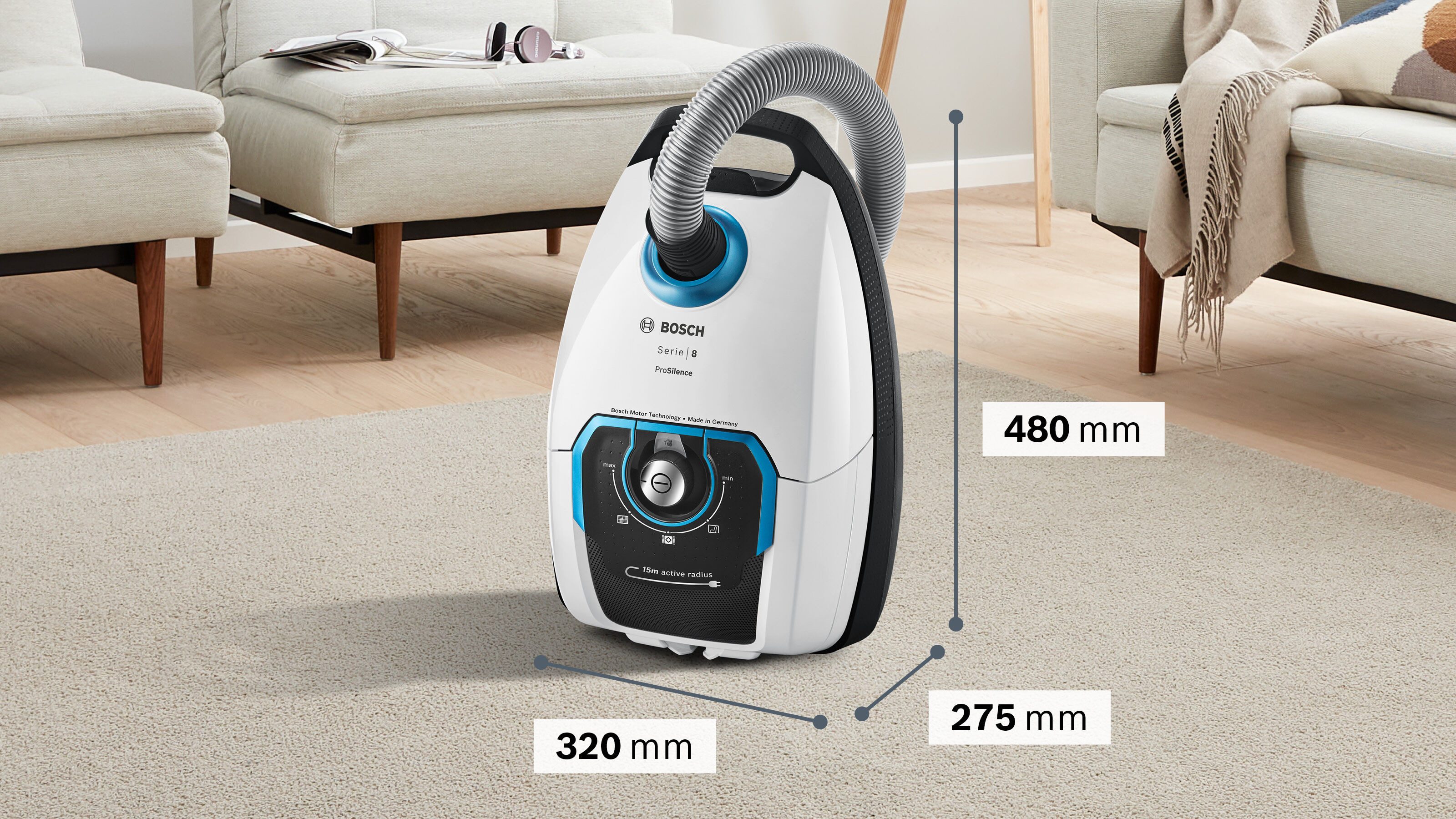 BOSCH Bodenstaubsauger Serie 8 ProSilence BGB75XSIL, Hygiene-Filter, 10 Jahre Motorgarantie, 650 W, mit Beutel, Hartbodendüse, XXL-Polsterdüse, langes Kabel, leise, weiß