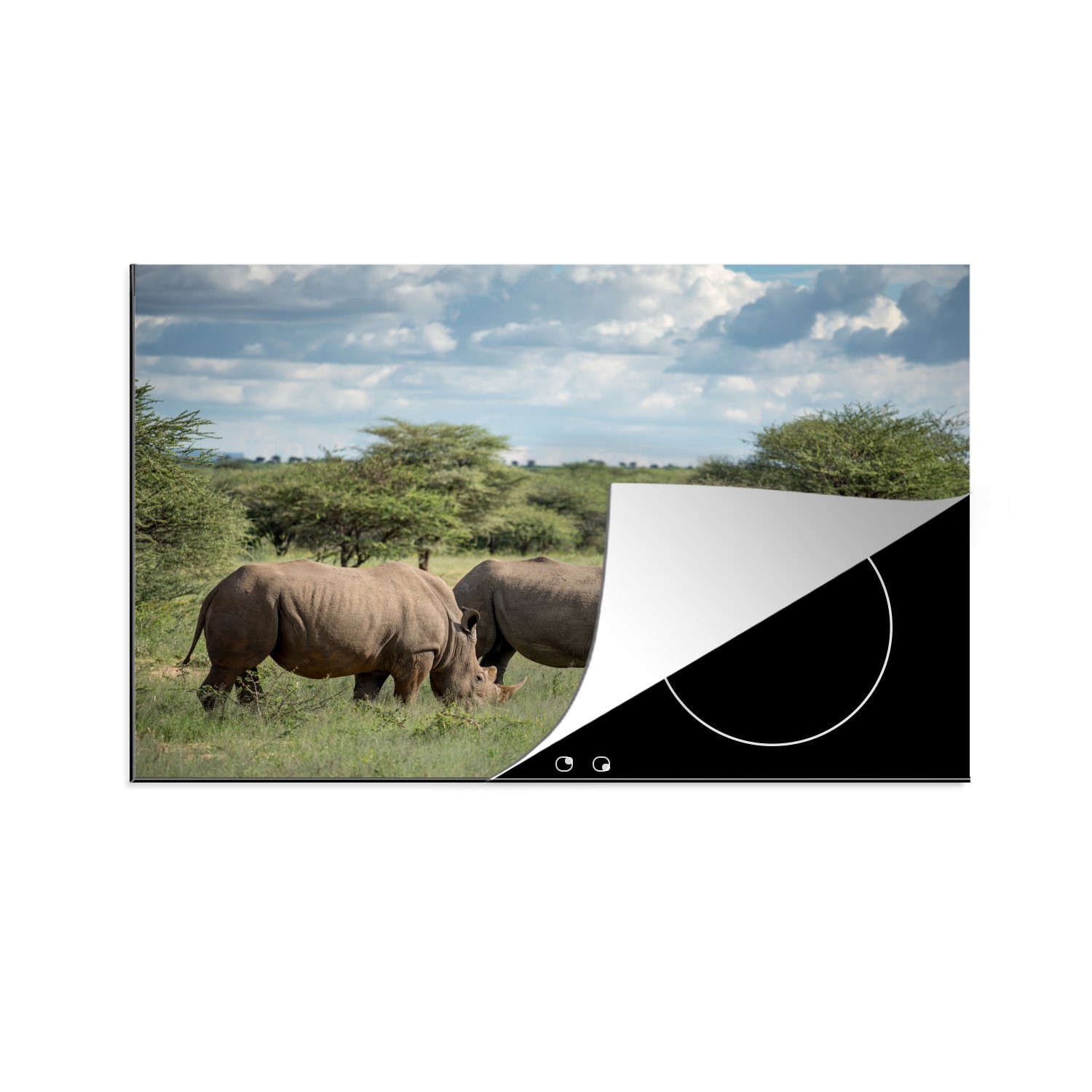 MuchoWow Herdblende-/Abdeckplatte Rhinozeros - Gras - Afrika, Vinyl, (1 tlg), 81x52 cm, Induktionskochfeld Schutz für die küche, Ceranfeldabdeckung