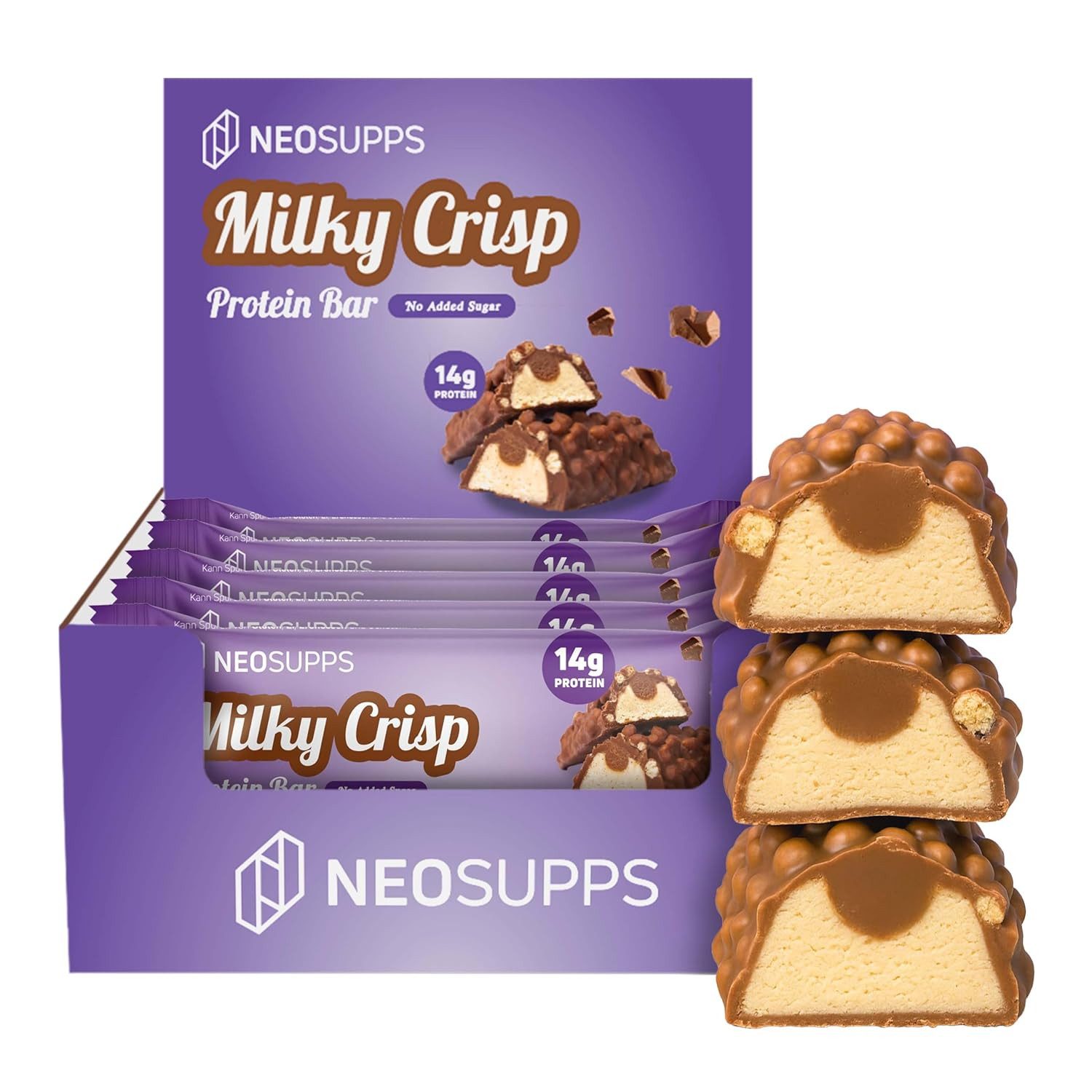 Neosupps Protein Bar Milky Crisp, 12Stk Proteinriegel, Milchprotein Powerbar Riegel, High Protein Snack mit 14g Eiweiß, für Muskelaufbau, geprüfte Qualität