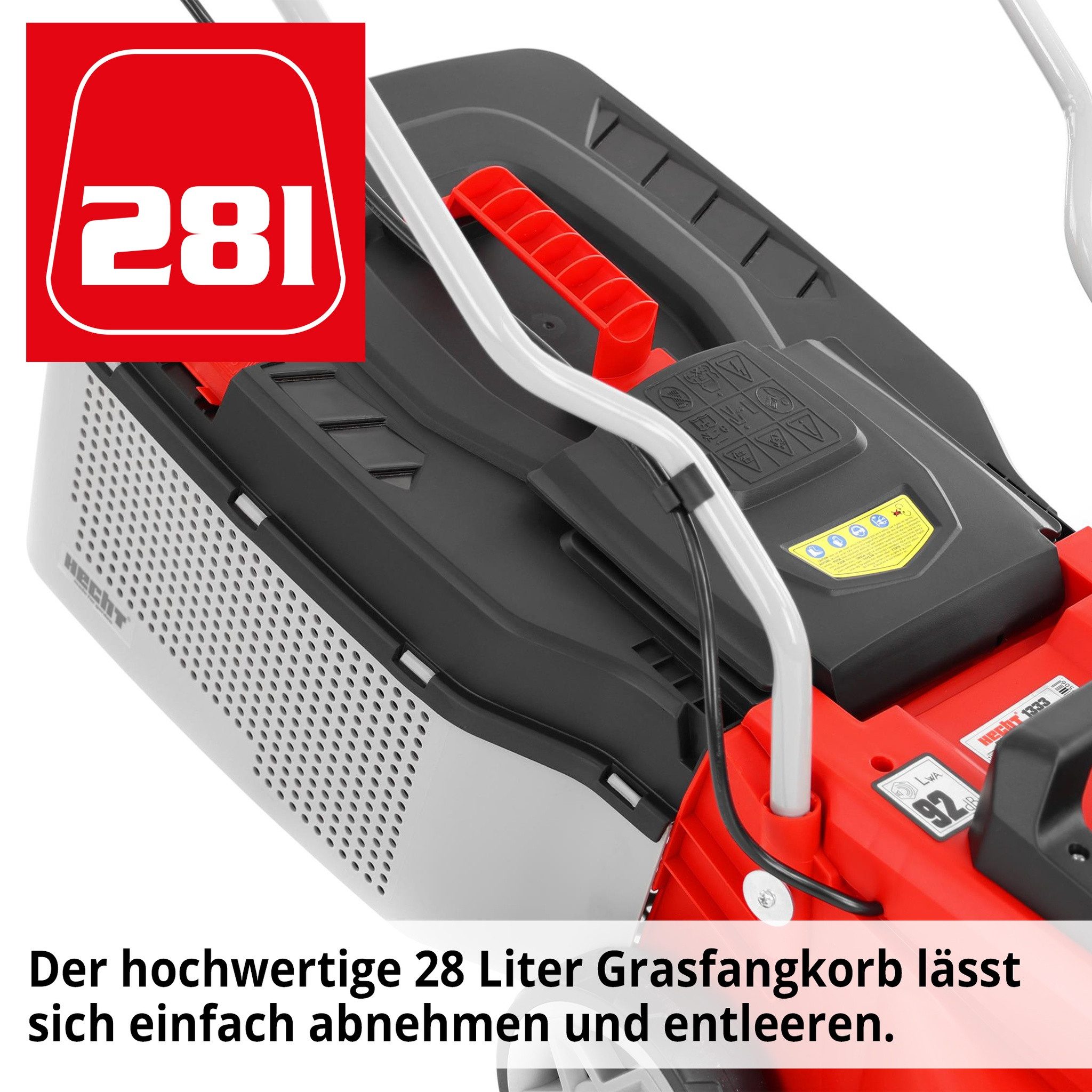 Hecht Elektrorasenmäher 1333 mit 1300W und 28L Fangkorb, 32 cm Schnittbreite, Kabelzugentlastung, Tragegriff