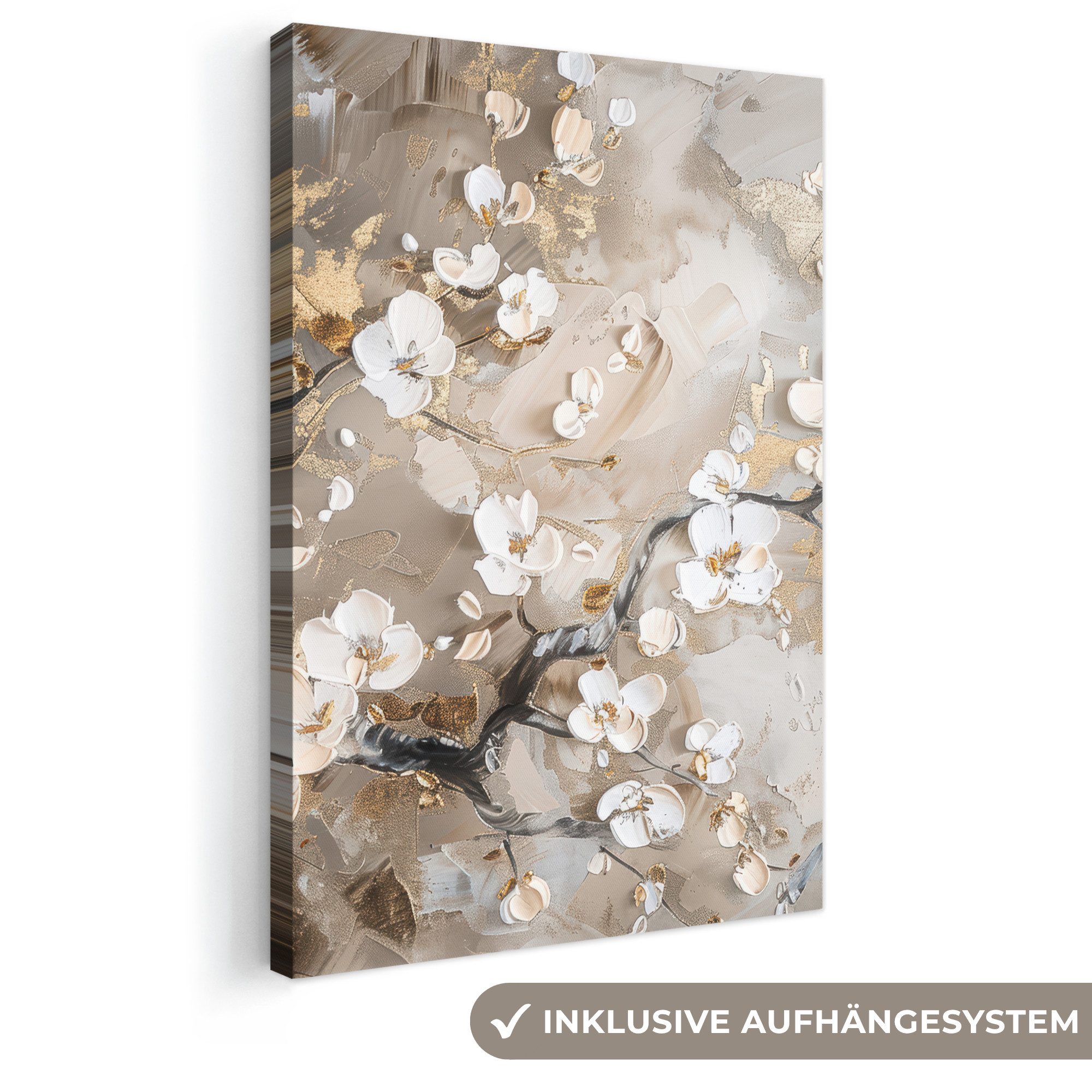 OneMillionCanvasses® Leinwandbild Blumen - Weiß - Gold - Beige - Luxus, Fotodruck (1 St), Leinwand Canvas Wandbild, Wanddekoration 20x30 cm