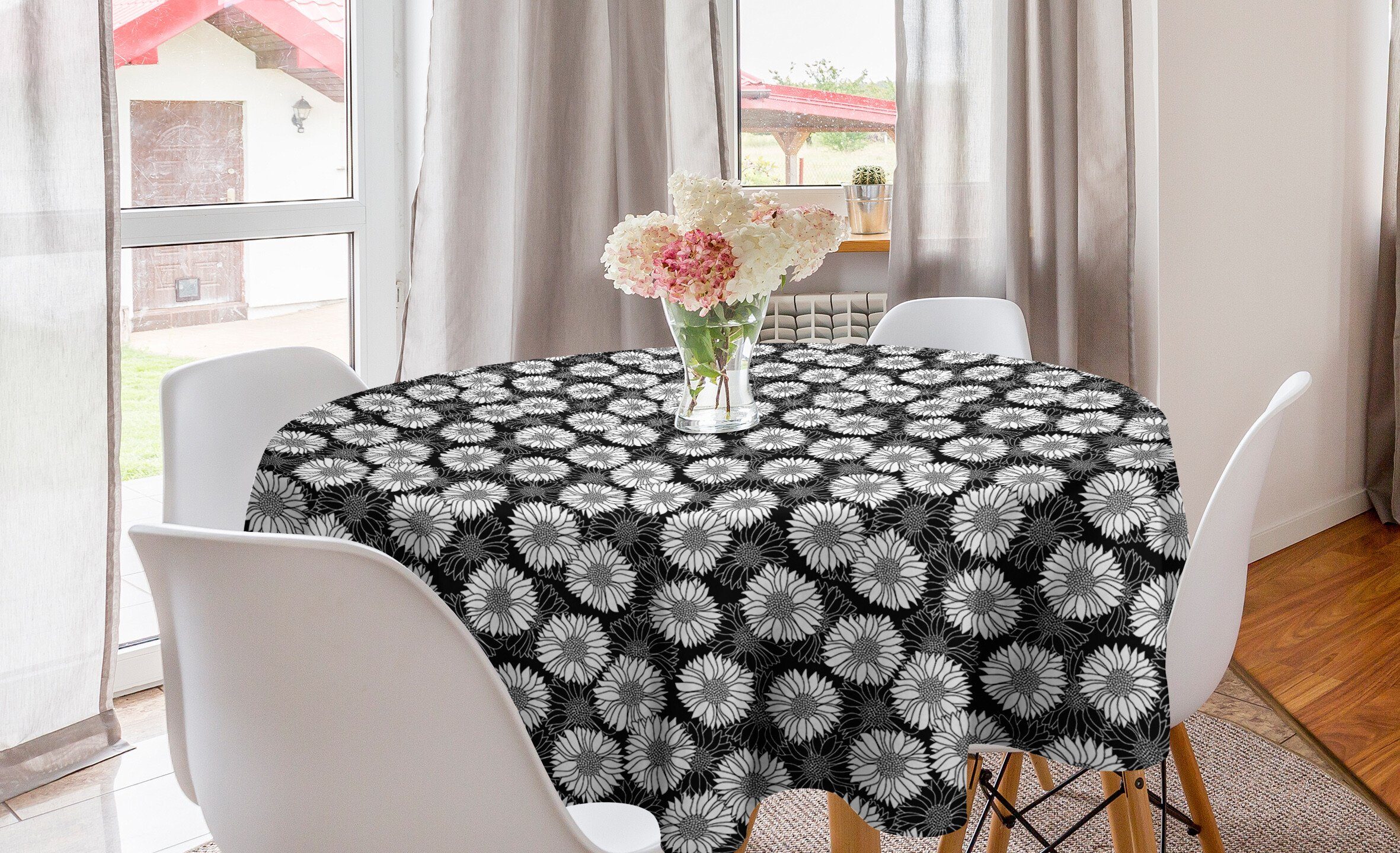 Abakuhaus Tischdecke Kreis Tischdecke Abdeckung für Esszimmer Küche Dekoration, Floral Hand Gezeichneten Sonnenblumen Formen