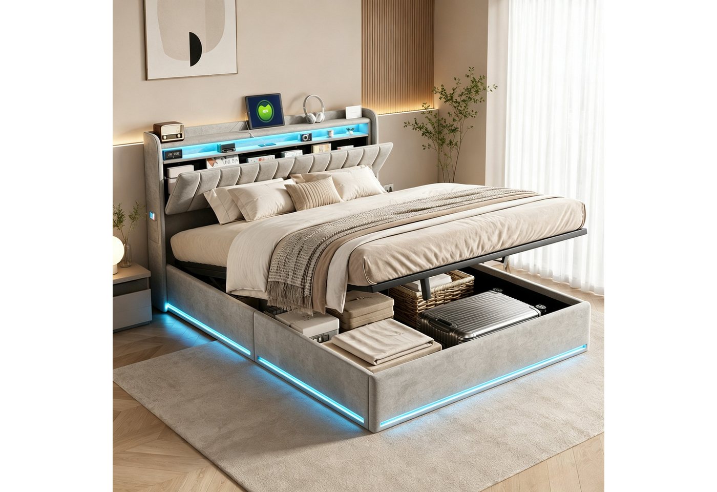 Simurq Polsterbett Doppelbett Bett 140x200 mit Stauraum, LED-Beleuchtung und USB-Port (Packung, 1-tlg., Hydraulisches Stauraumbett mit bettkasten, Samt), Jugendbett Leises Design Bett, Max. Belastbarkeit 500 kg