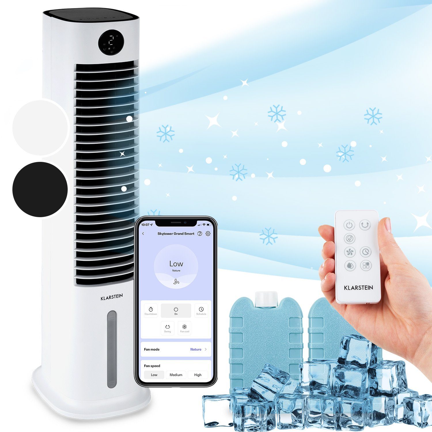 Klarstein Ventilatorkombigerät Skytower Grand & Klimagerät Smart ohne Eis Luftkühler, Abluftschlauch mobil mit Wasserkühlung