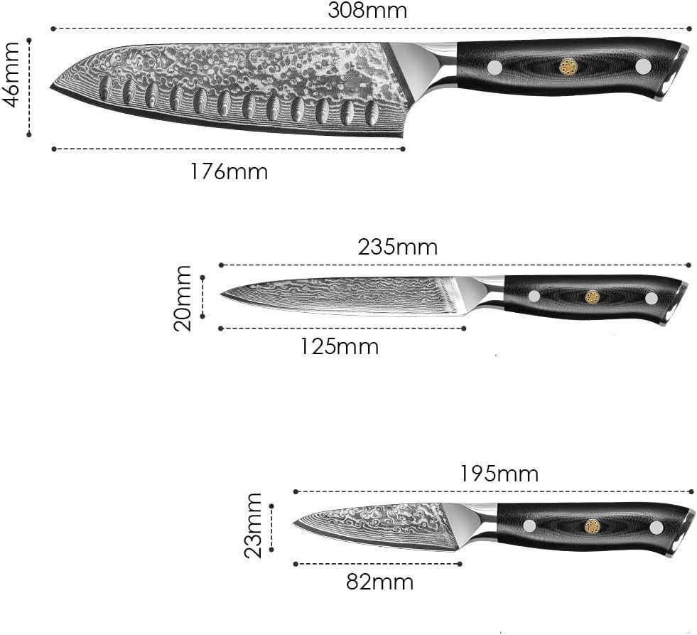 KingLux Messer-Set 3tlg.Damastmesser Küchenmesser Damaststahl Allezweckmesser (3-tlg)