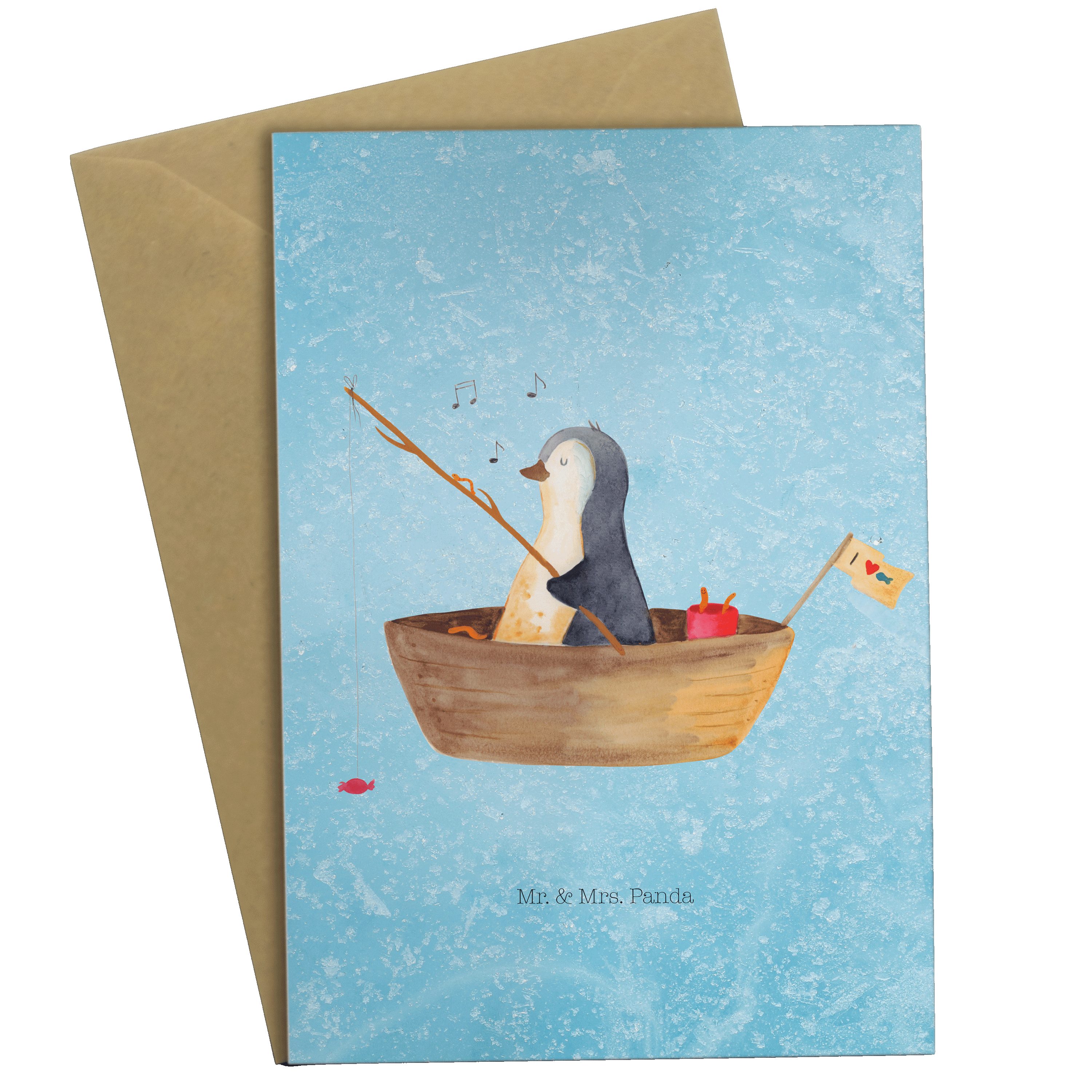 Mr. & Mrs. Panda Grußkarte Pinguin Angelboot - Eisblau - Geschenk, Geburtstagskarte, Klappkarte