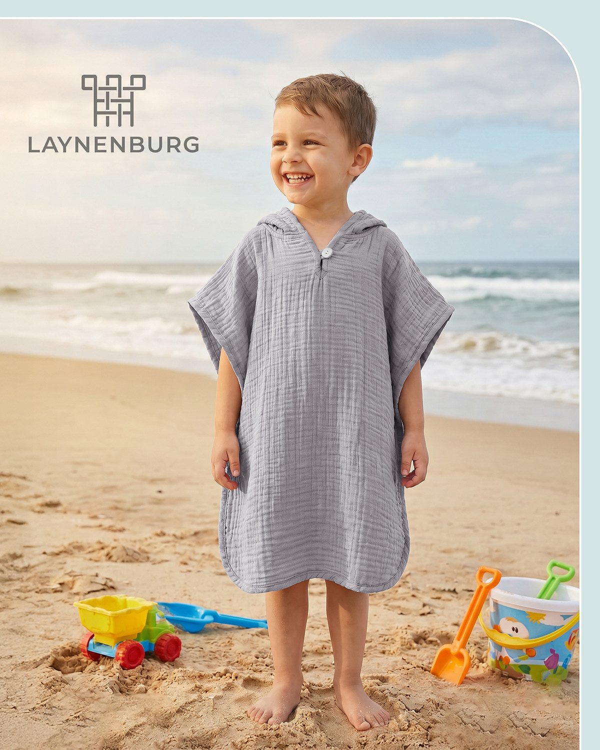 Laynenburg Badeponcho Musselin für Kinder mit Kapuze - Poncho aus 100% Baumwolle, als strandponcho, surf Handtuch poncho für Baby, Mädchen & Jungen