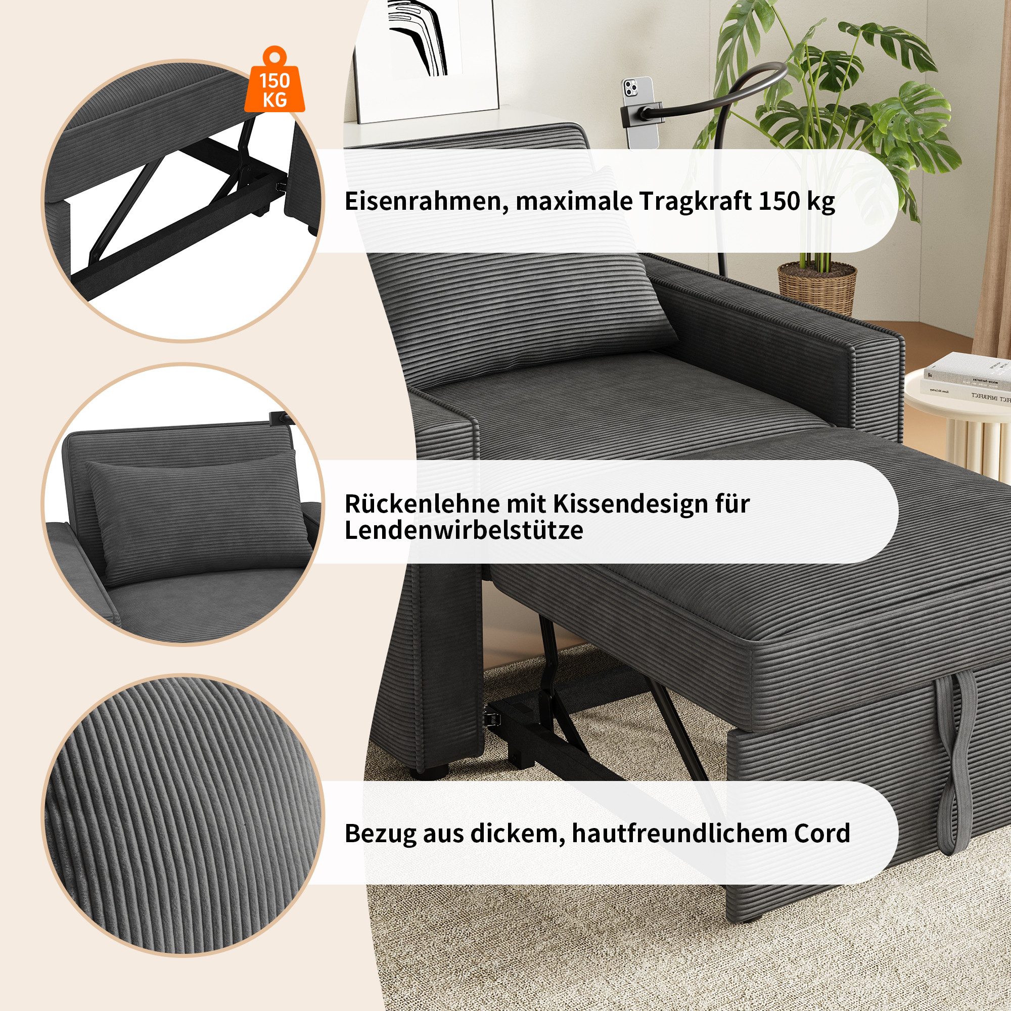 i@home Relaxsessel Schlafsessel mit Bettfunktion 3-in-1 Ausziehbares Schlafsofa (platzsparend für Wohnzimmer und Schlafzimmer), Verstellbarer Einzelsessel mit U – Bild 3 von 5