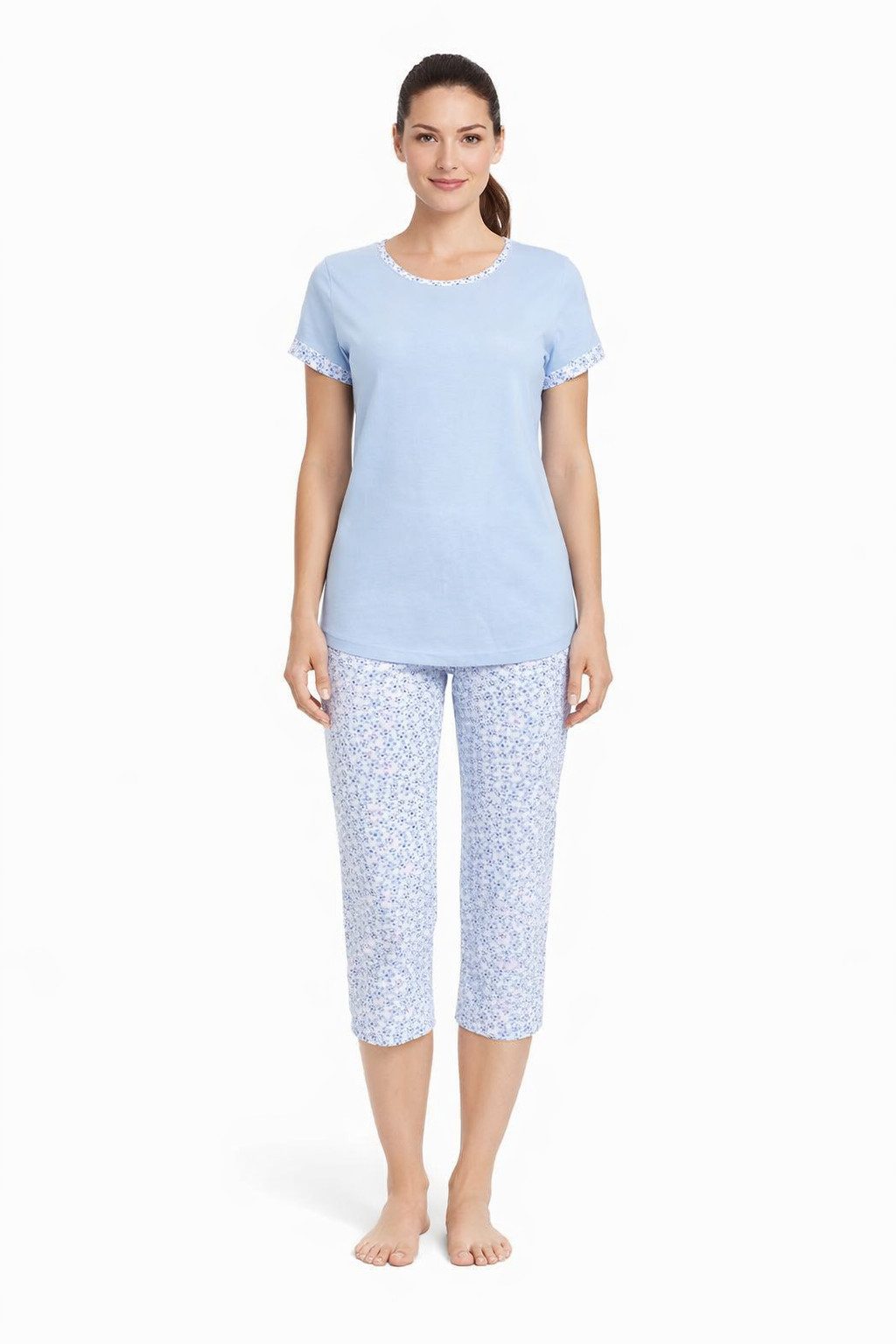 Ringella Pyjama - Schlafanzug mit unifarbenem Oberteil und Caprihose (2 tlg) 100% Baumwolle