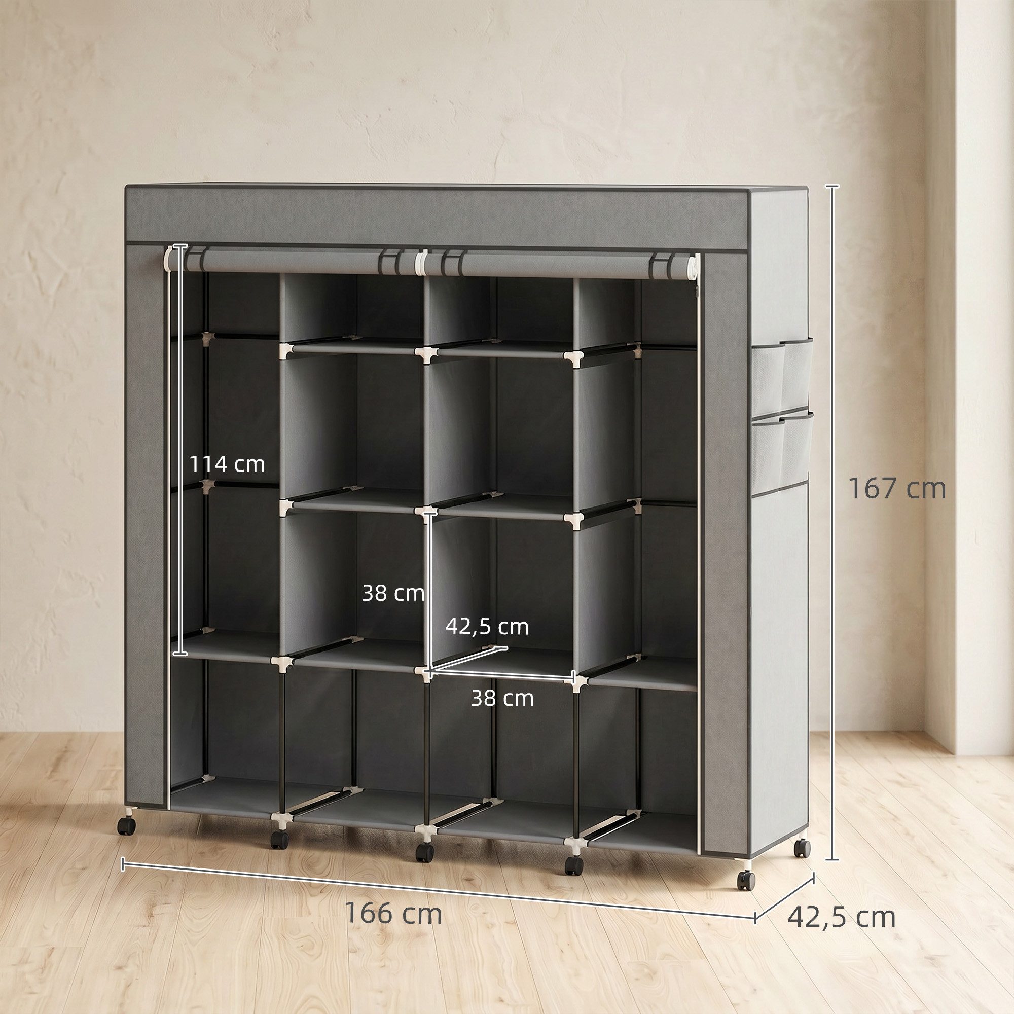 HOMCOM Stoffschrank Kleiderschrank (Kleiderstangen, 1-St., Stoffschrank) Dunkelgrau, 166 x 42,5 x 167 cm – Bild 3 von 5